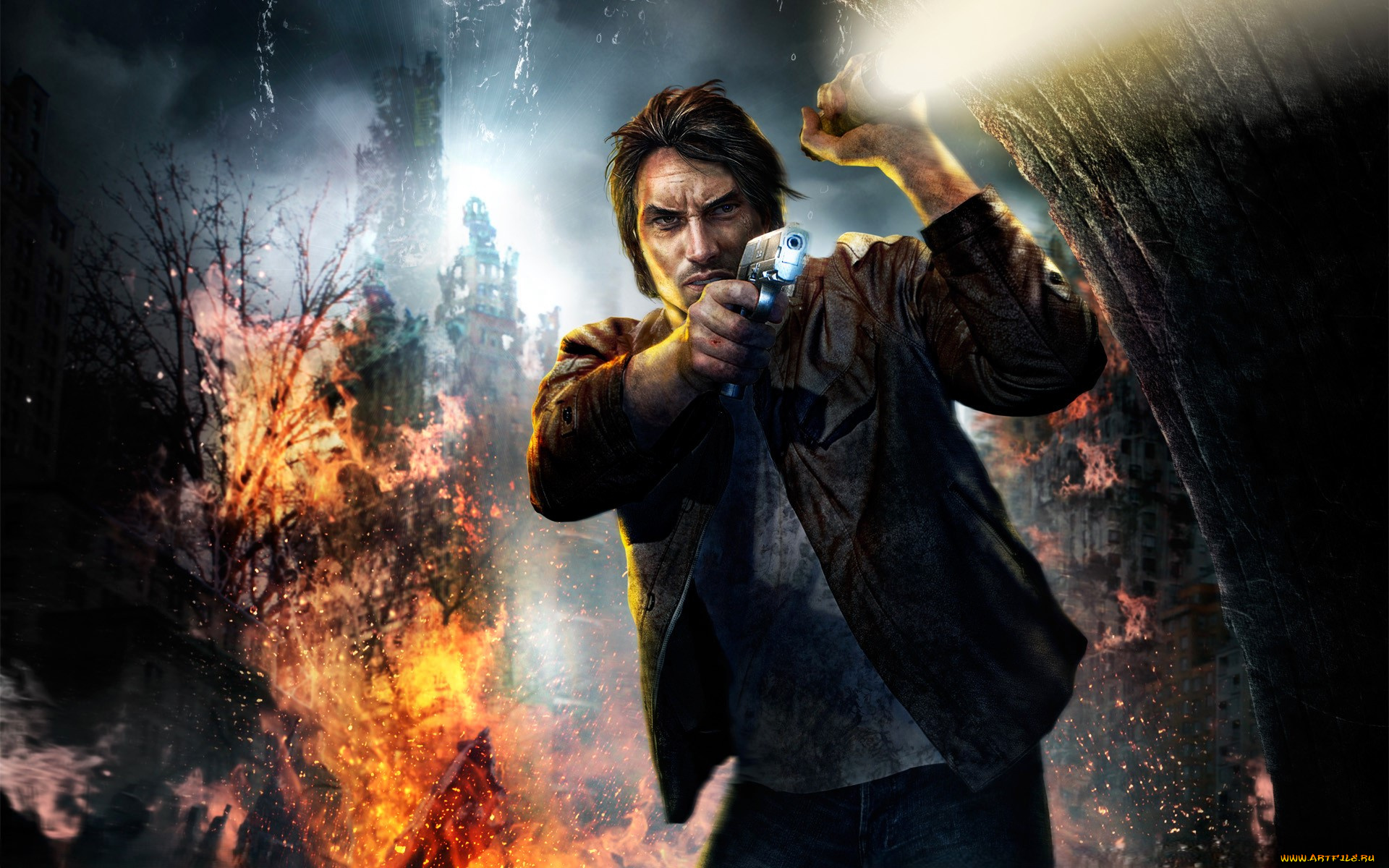 видео, игры, alone, in, the, dark, мужчина, фонарик, куртка, пистолет, огонь