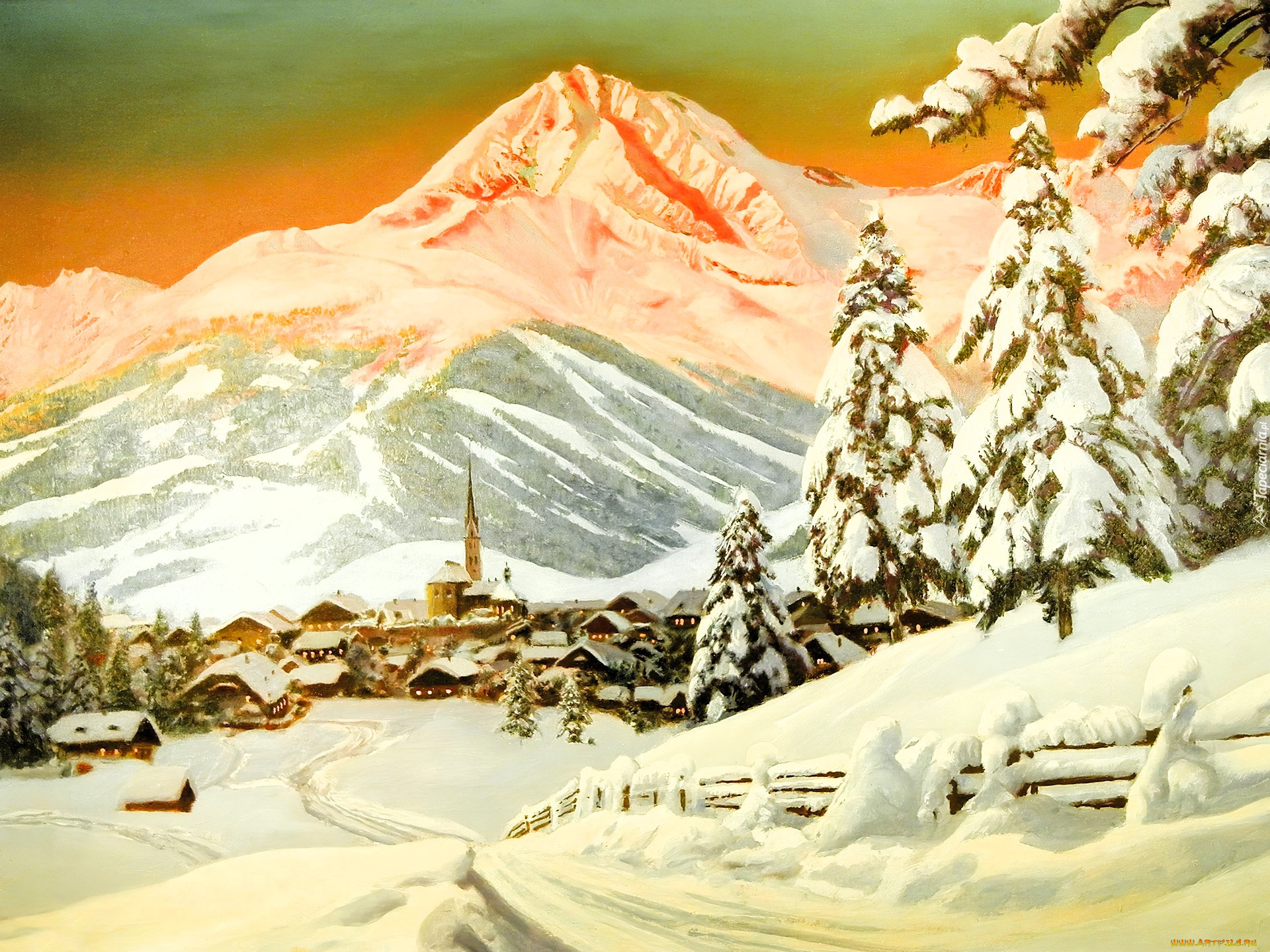 рисованное, alois, arnegger, горы, лес, снег, зима, город, долина, следы