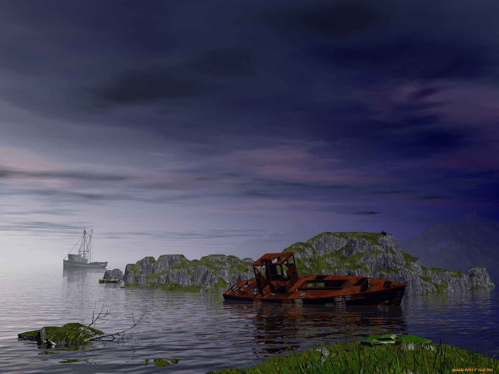 3д, графика, sea, undersea, море, баркас