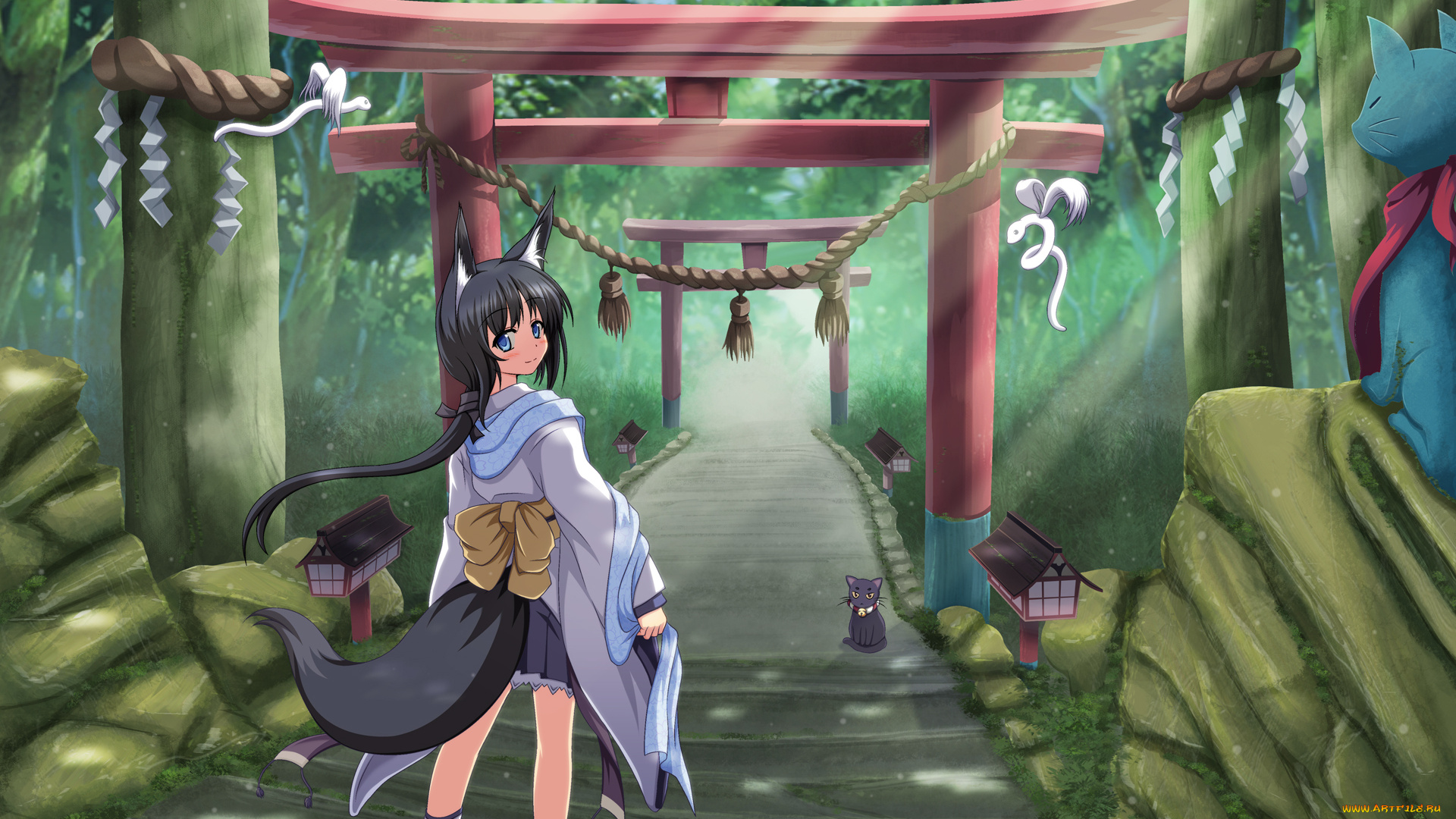 аниме, animals, девочка, неко, уши, хвост, кот, лестница, ступеньки, пейзаж, храм