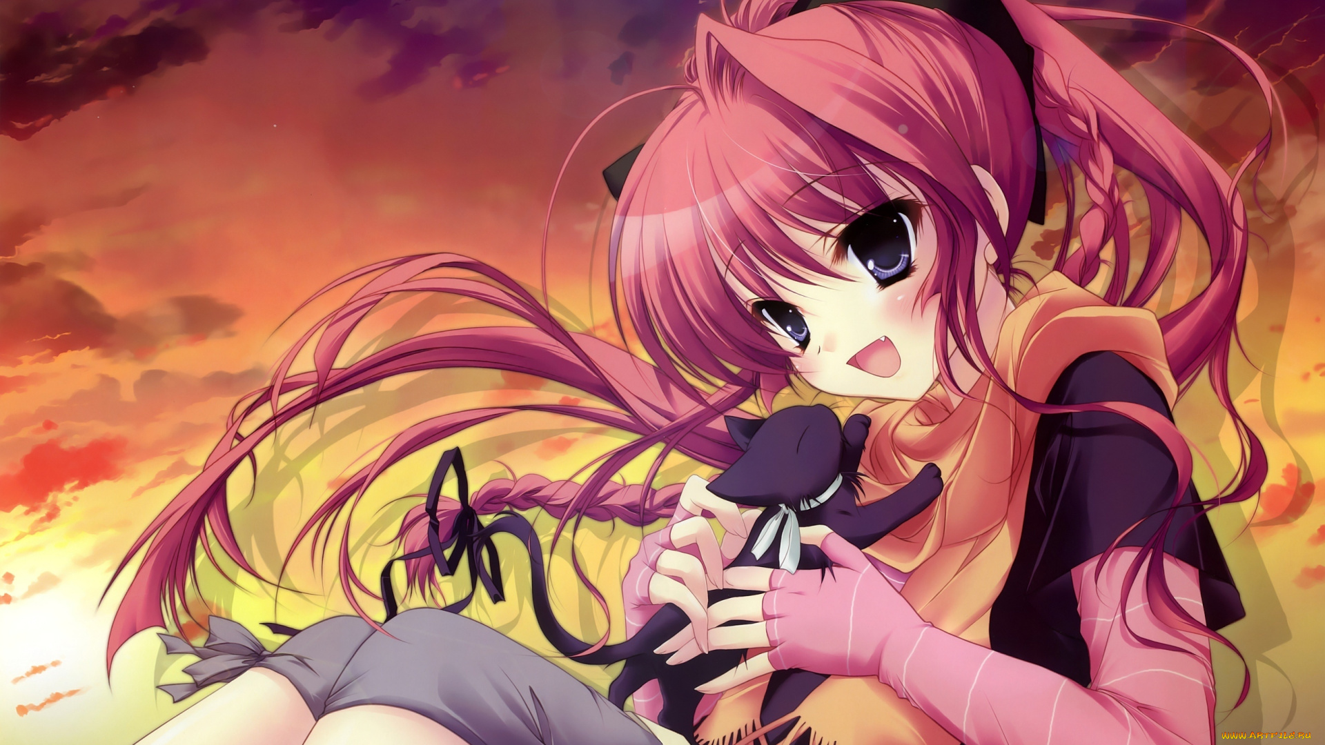 аниме, animals, котик, постель, девушка