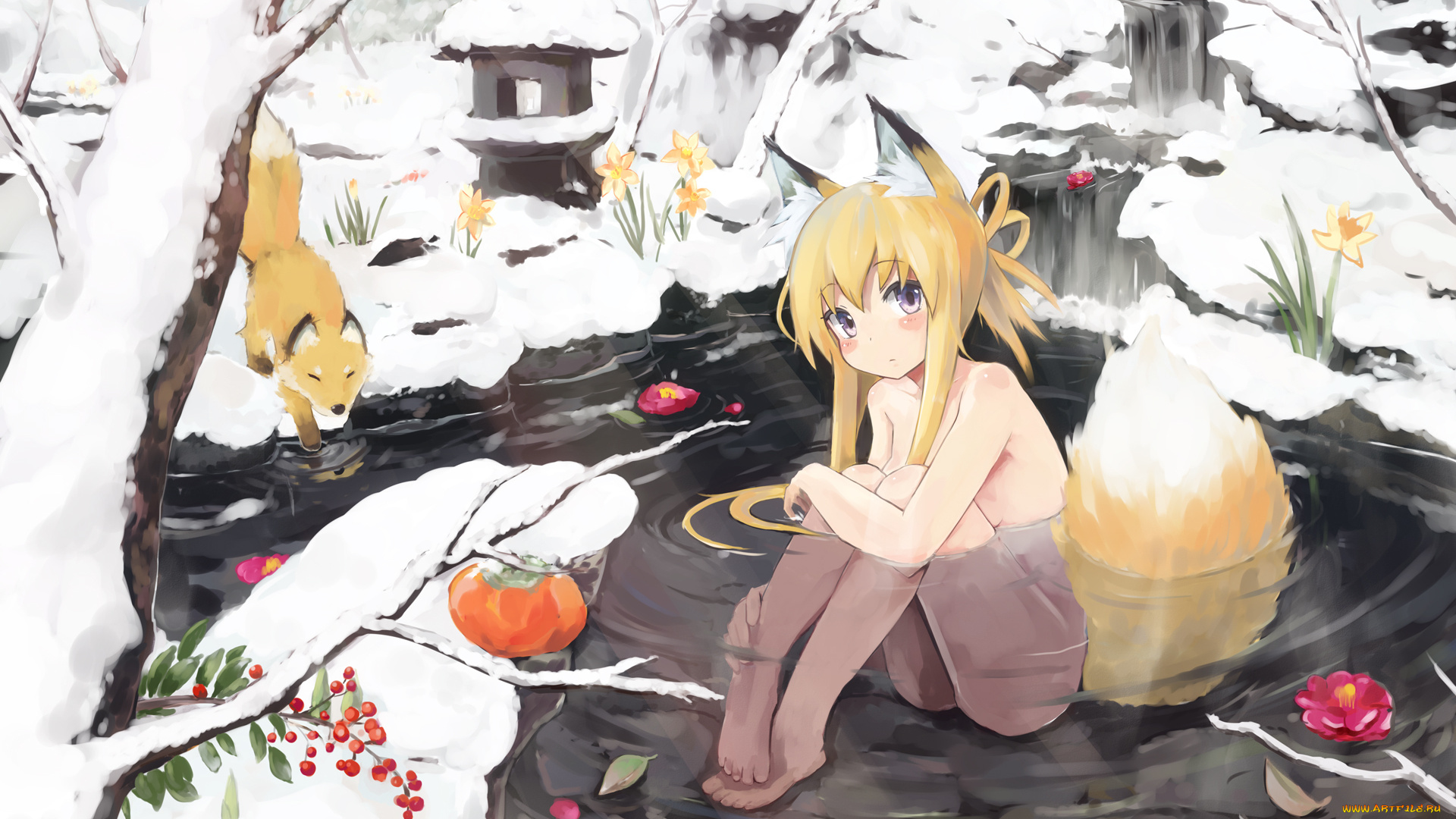 аниме, animals, вода, зима, девушка, лиса, лис, неко, уши, хвост, ягоды, снег, цветы