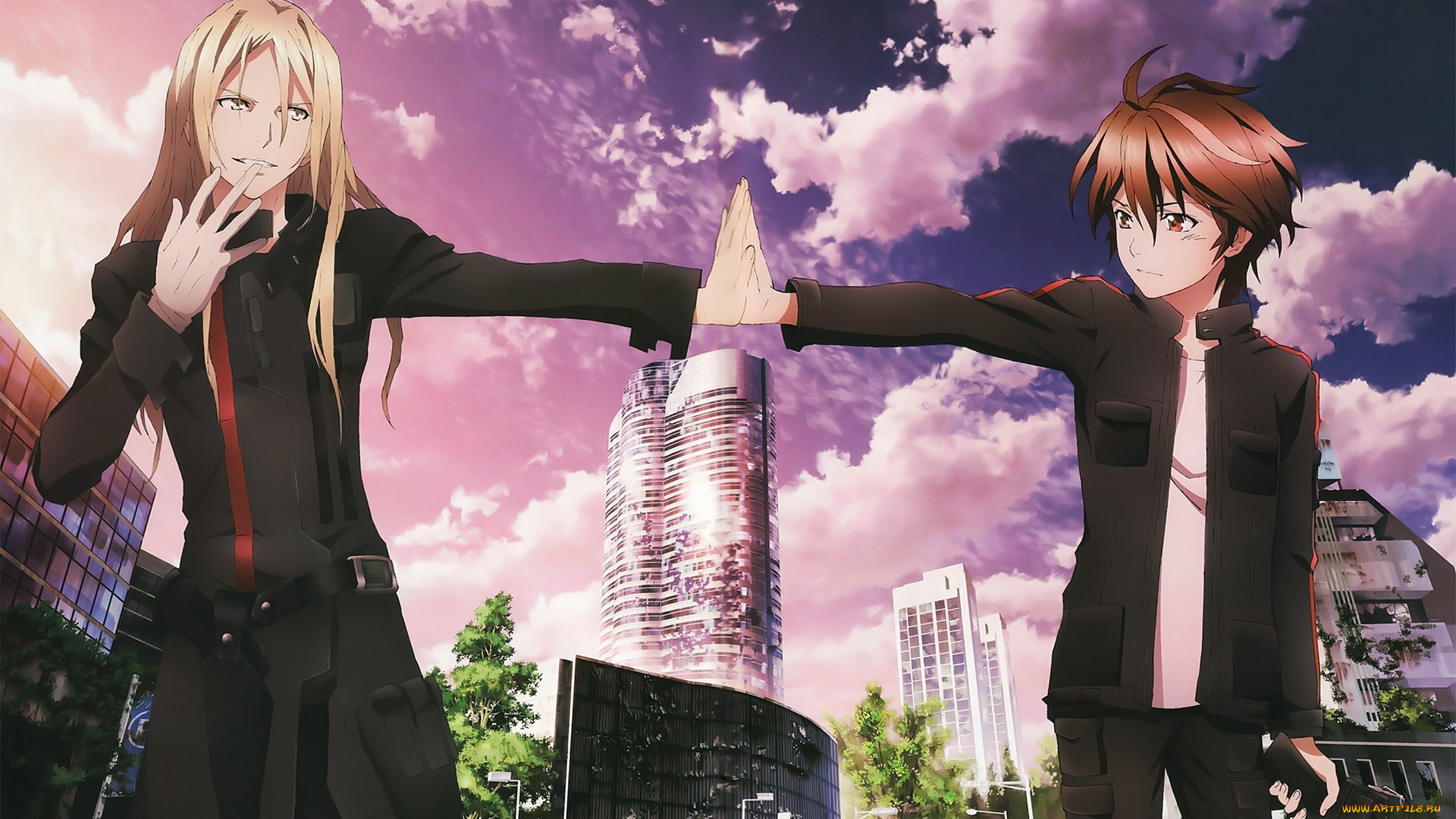 аниме, guilty, crown, мальчики, дома, облака