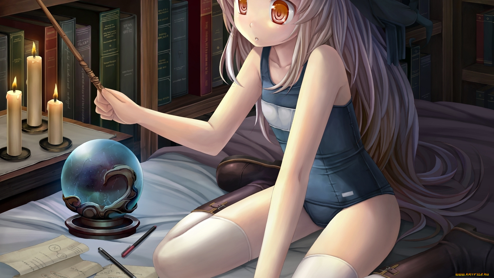 аниме, halloween, magic, девочка, книги, палочка, шар, сфера, свечи, постель, ведьма, шляпа