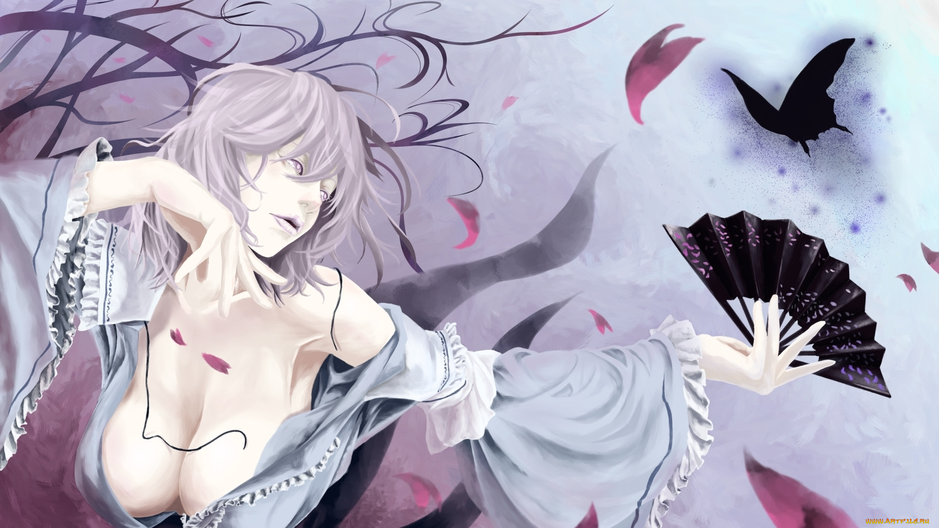 аниме, touhou, бабочка, веер, девушка