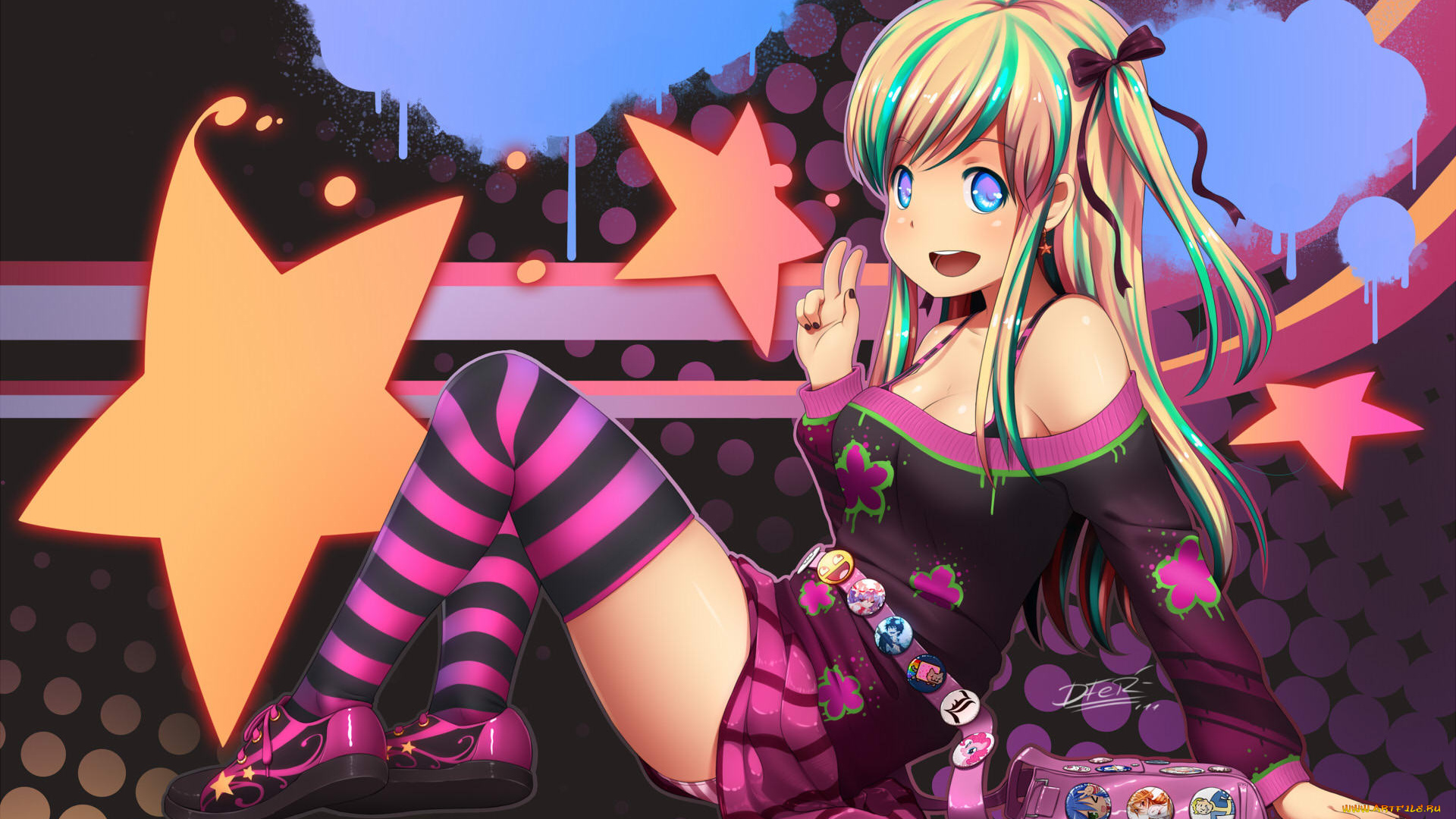 аниме, *unknown, другое, бантик, звезда, чулки, значки, сумка, девушка