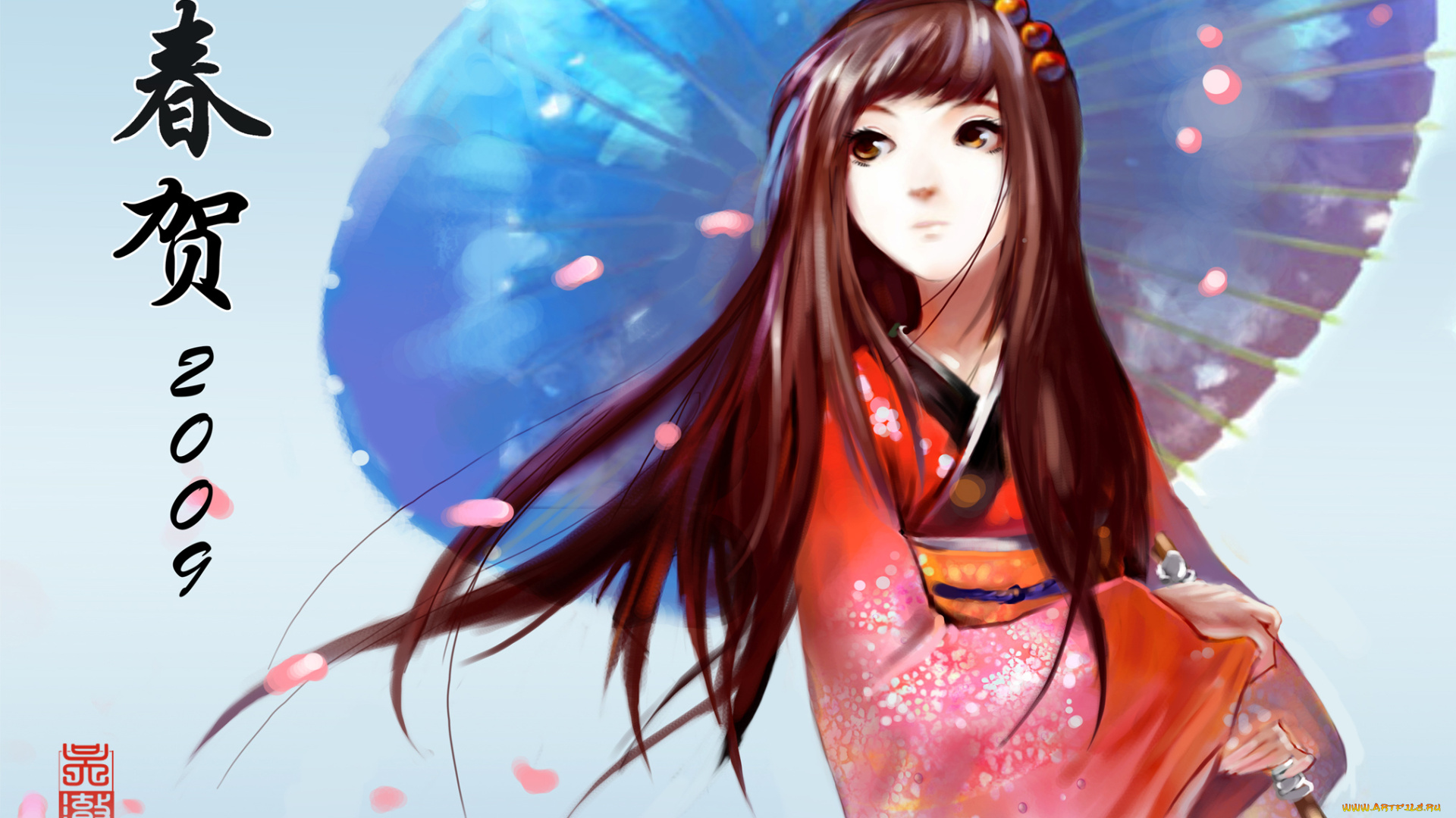 аниме, *unknown, другое, девушка, зонт, кимоно, лепестки, взгляд