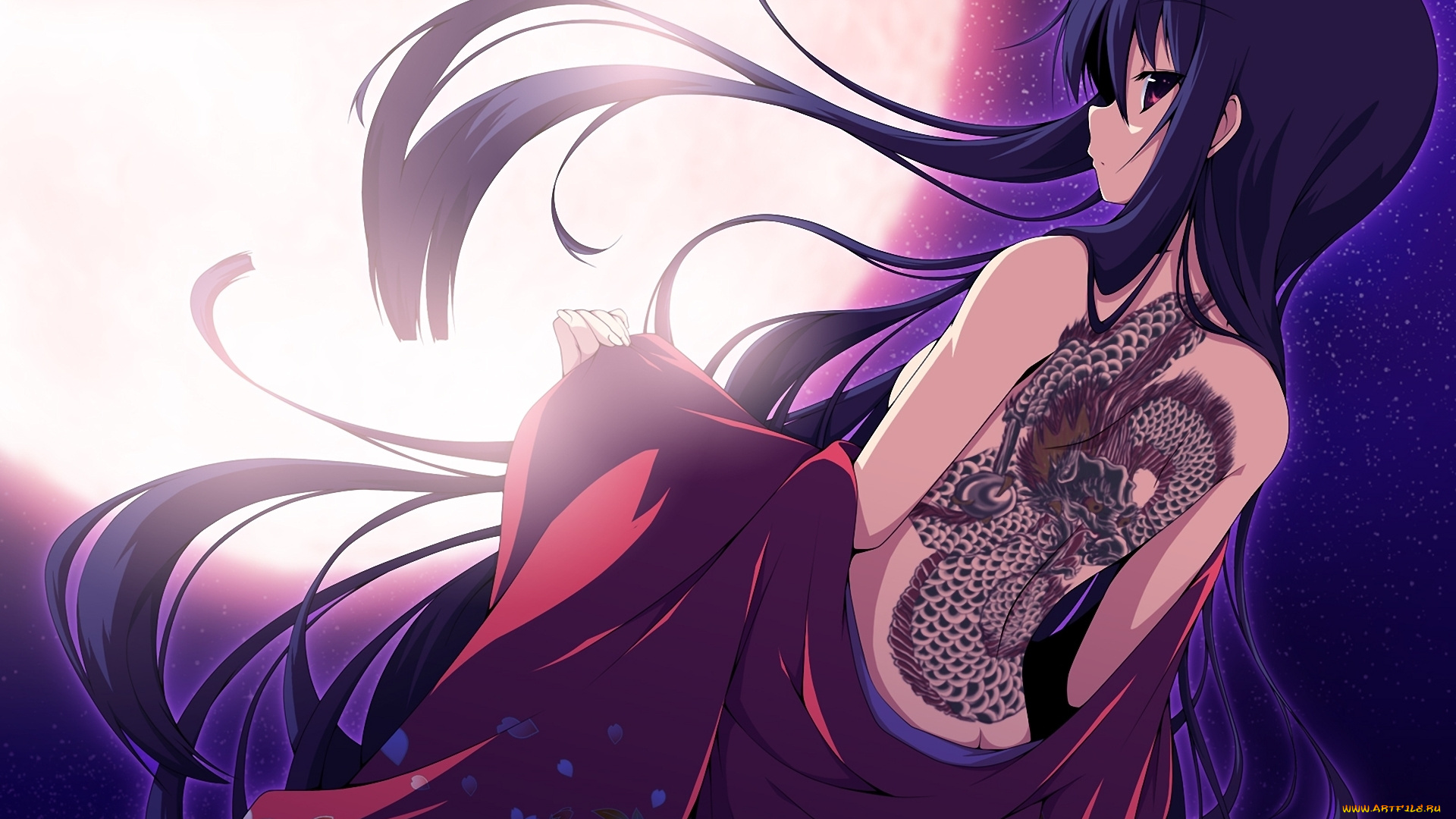 аниме, *unknown, другое, ночь, тату, дракон, кимоно, девушка, луна