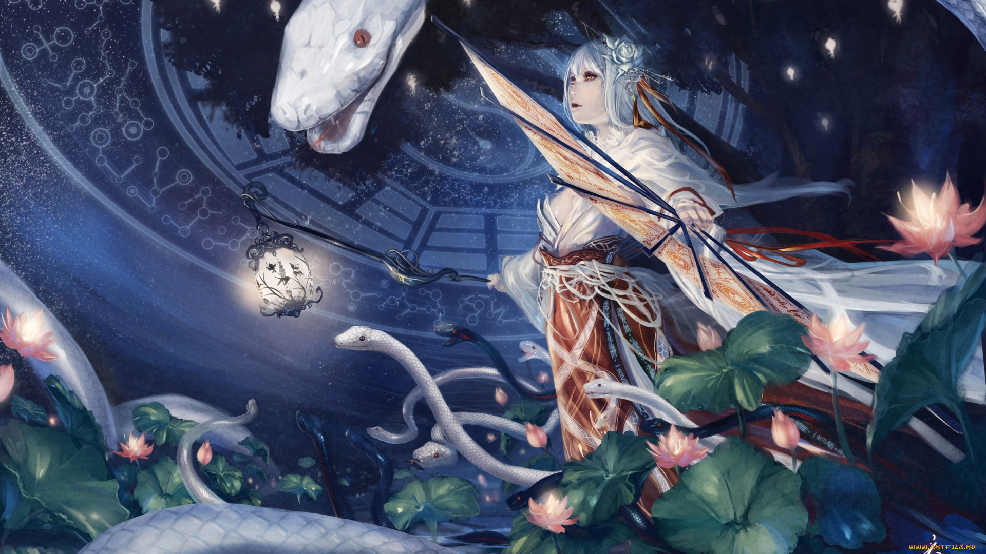 фэнтези, красавицы, чудовища, веер, змеи, девушка, магия, кувшишки, пруд, фонарь