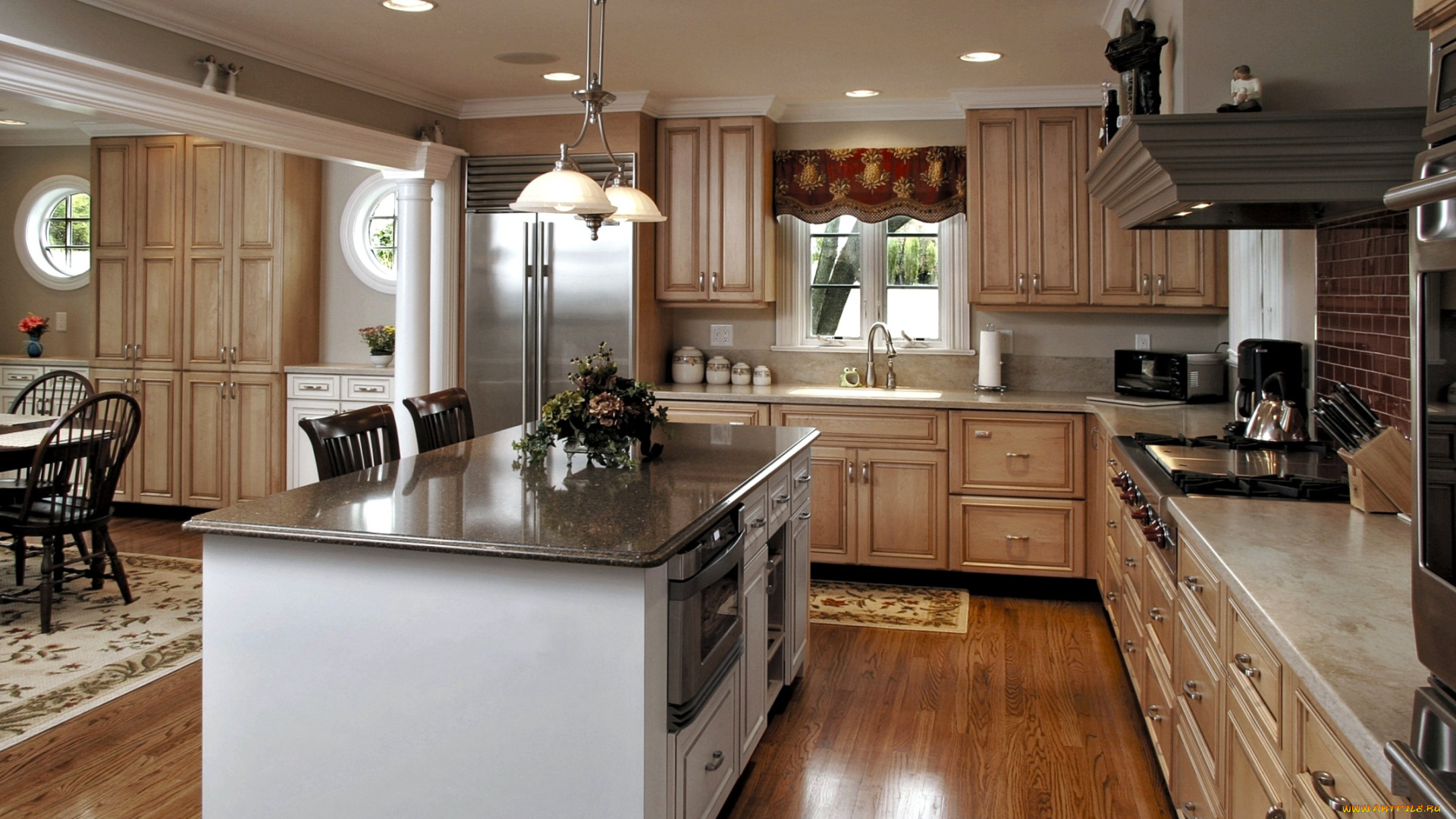 интерьер, кухня, букет, окно, кран, плита