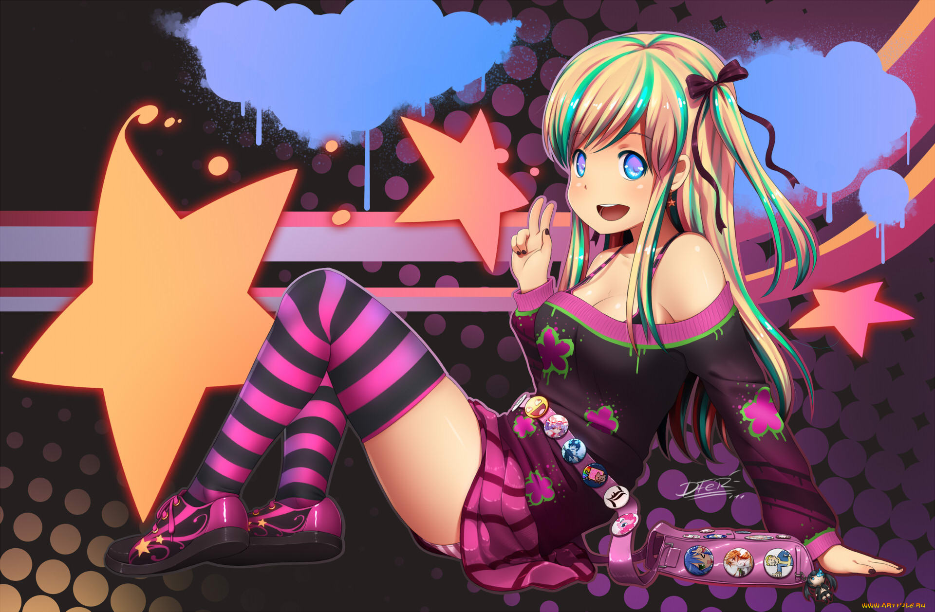 аниме, *unknown, другое, бантик, звезда, чулки, значки, сумка, девушка