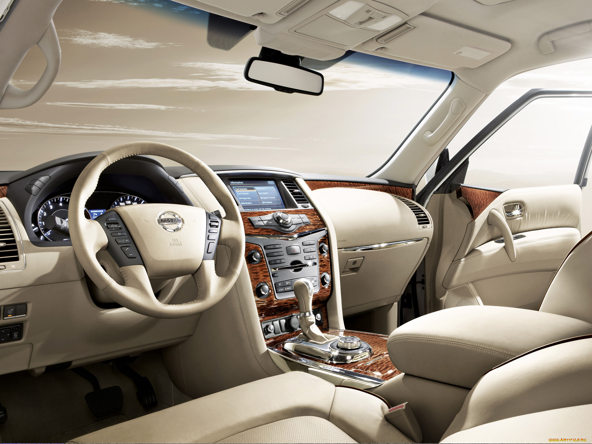 nissan, patrol, y62, автомобили, интерьеры, бежевый, кожа, дерево, интерьер