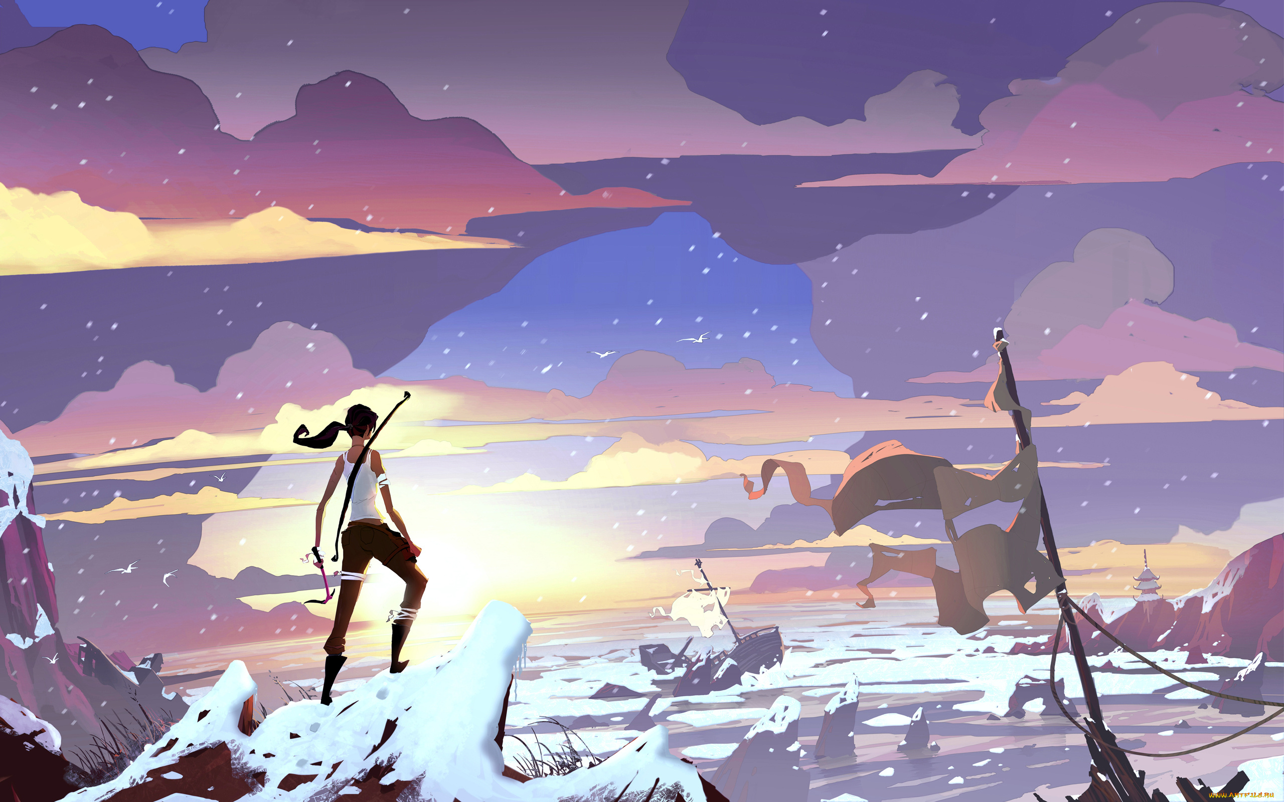 аниме, weapon, blood, technology, зима, снег