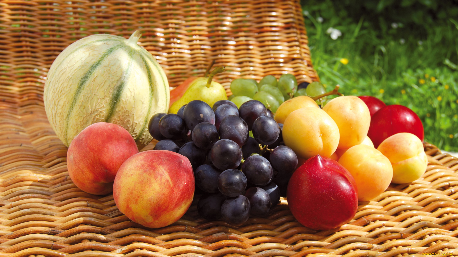 еда, фрукты, ягоды, персики, виноград, груши
