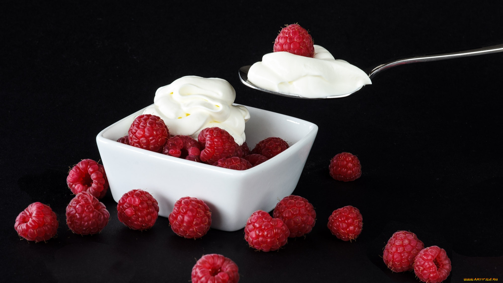 еда, малина, йогурт, ягоды