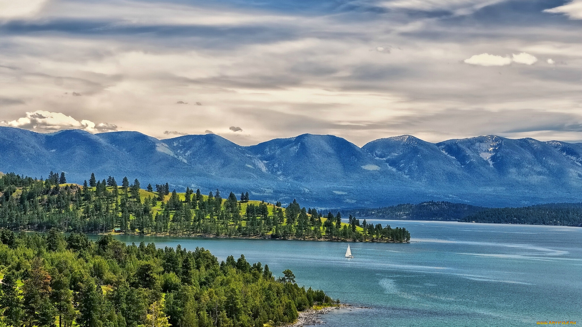 flathead, lake, montana, природа, реки, озера, монтана, озеро, пейзаж, яхта, горы, деревья