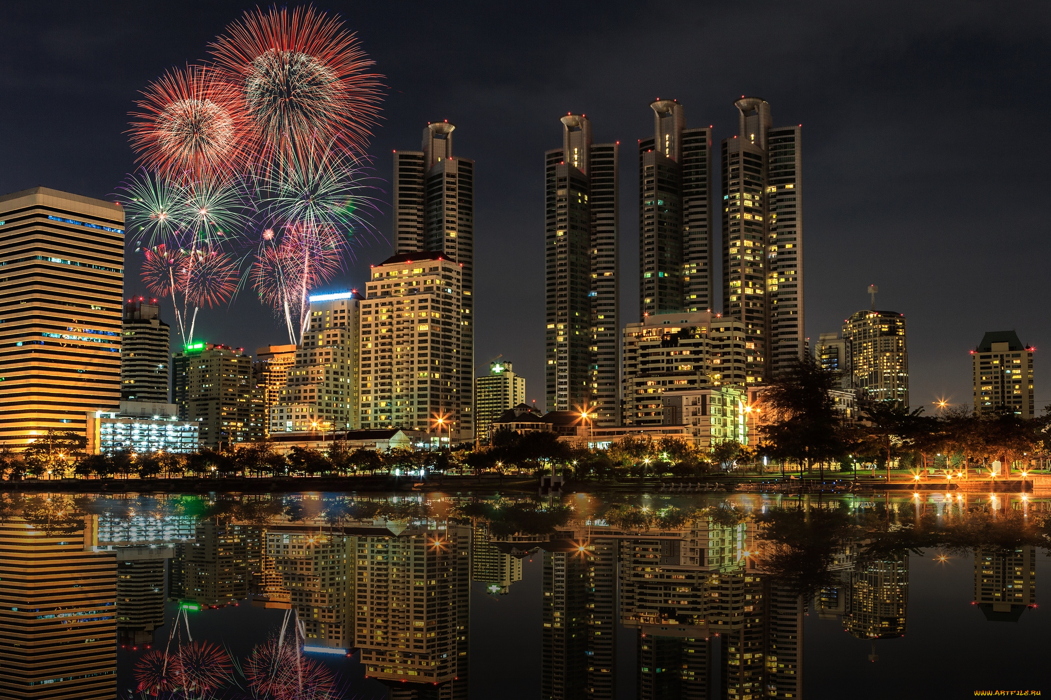 бангкок, таиланд, города, салют, огни, ночь