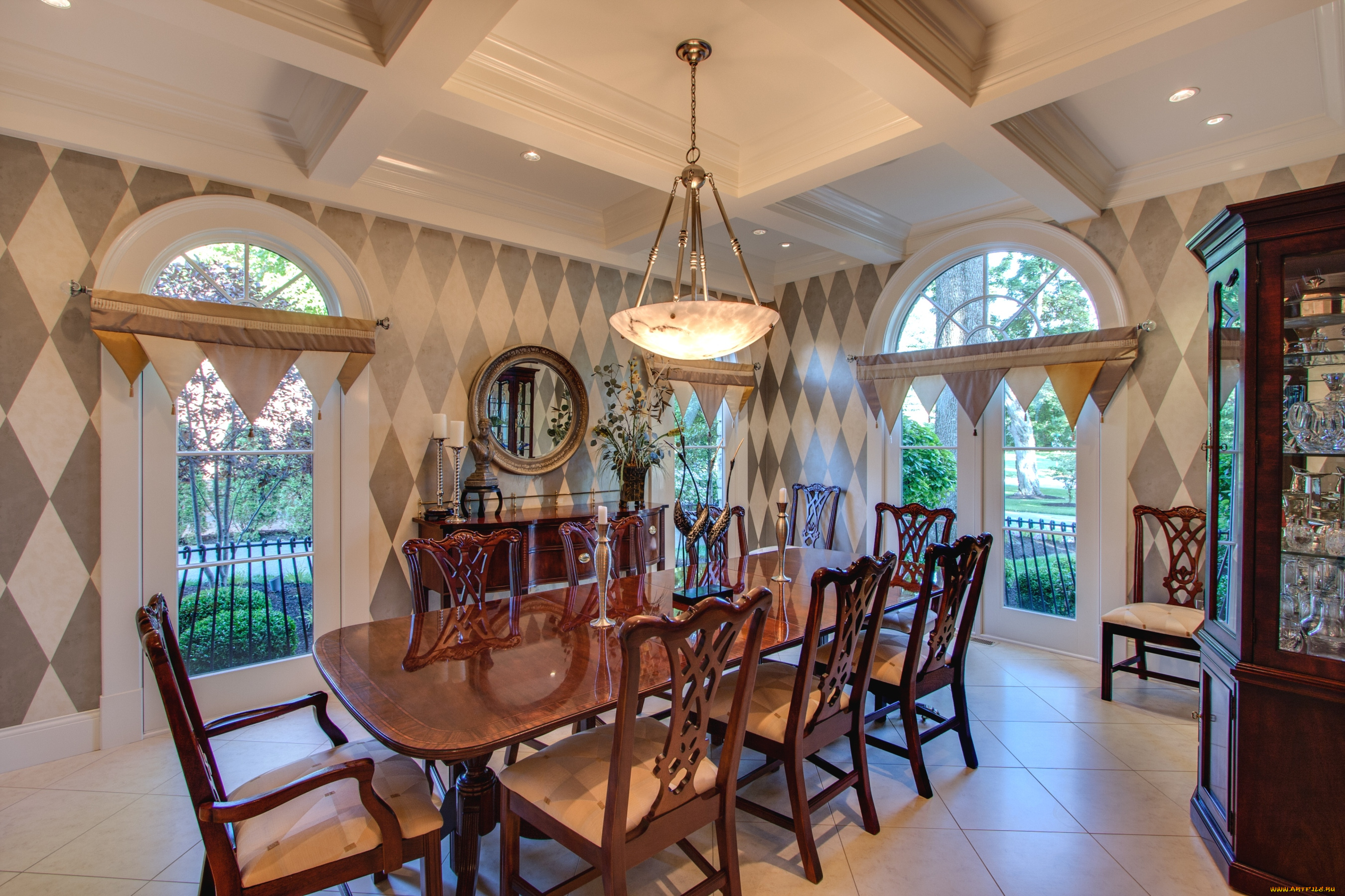 интерьер, столовая, стол, стулья, лампа, окна