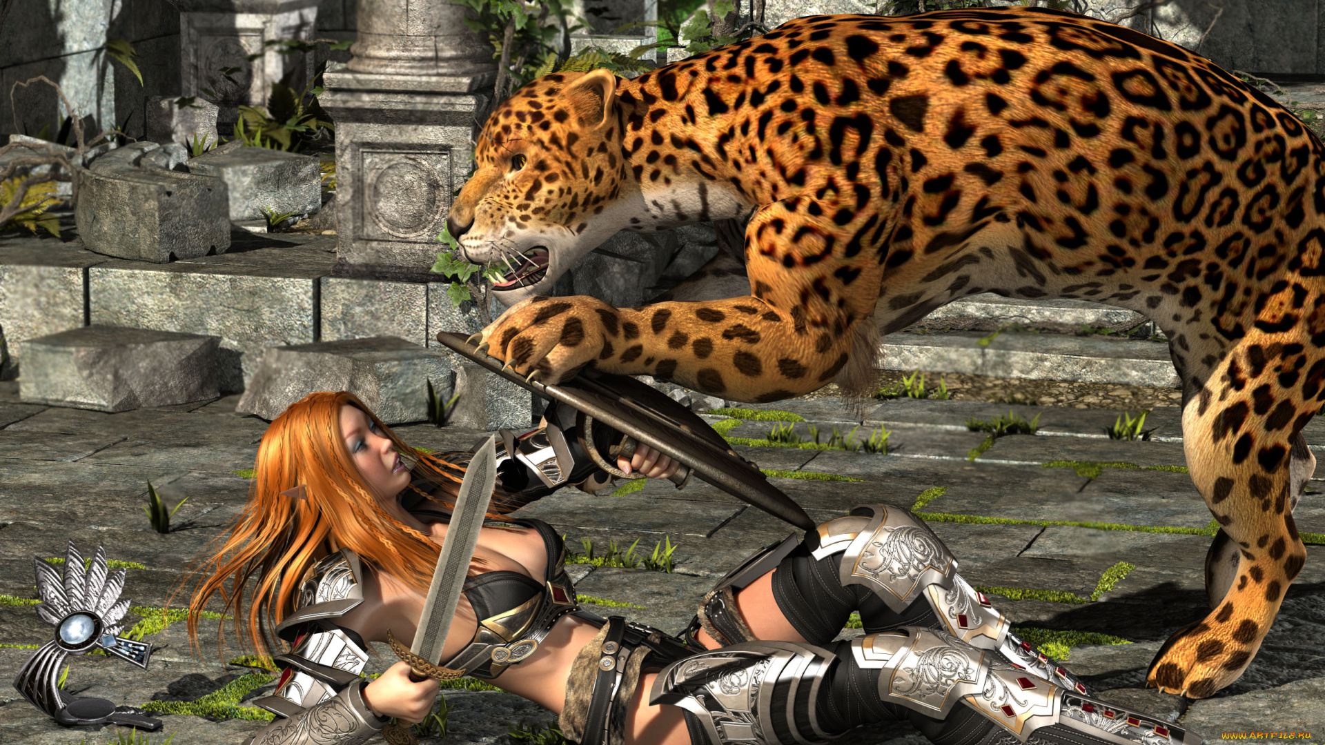 3д, графика, amazon, , амазонки, девушка, тигр, оружие