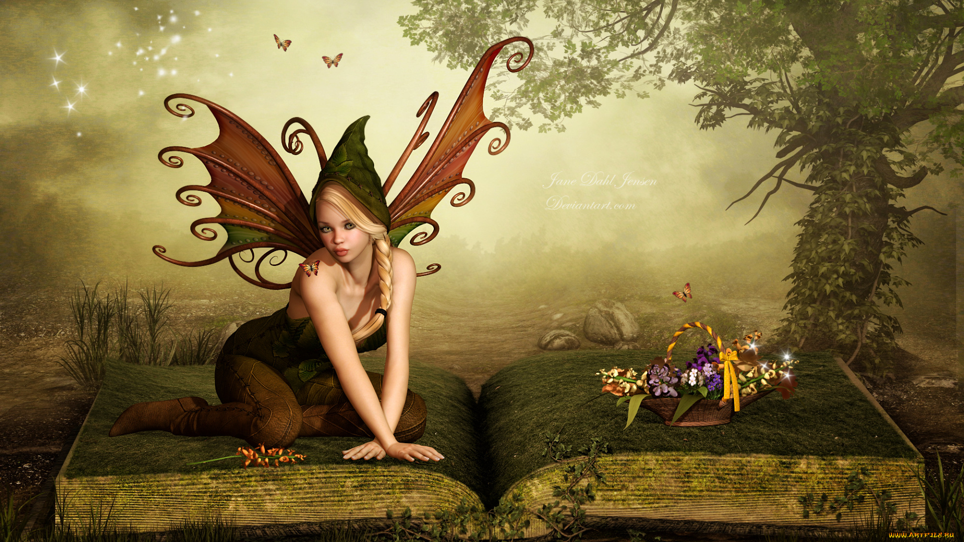 3д, графика, elves, , эльфы, фея, книга, дерево, корзина, цветы