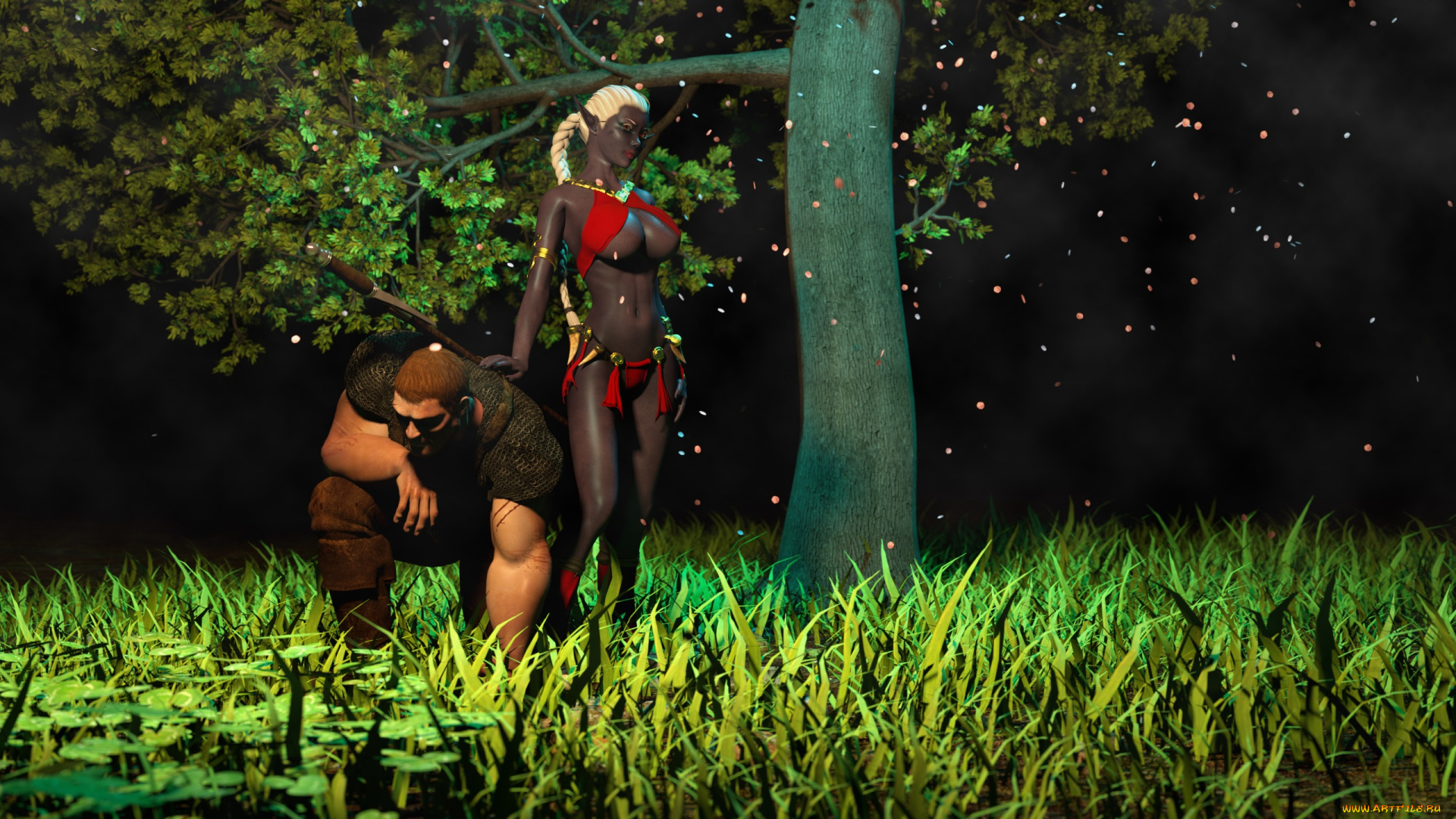 3д, графика, elves, , эльфы, мужчина, эльфийка, трава, лес