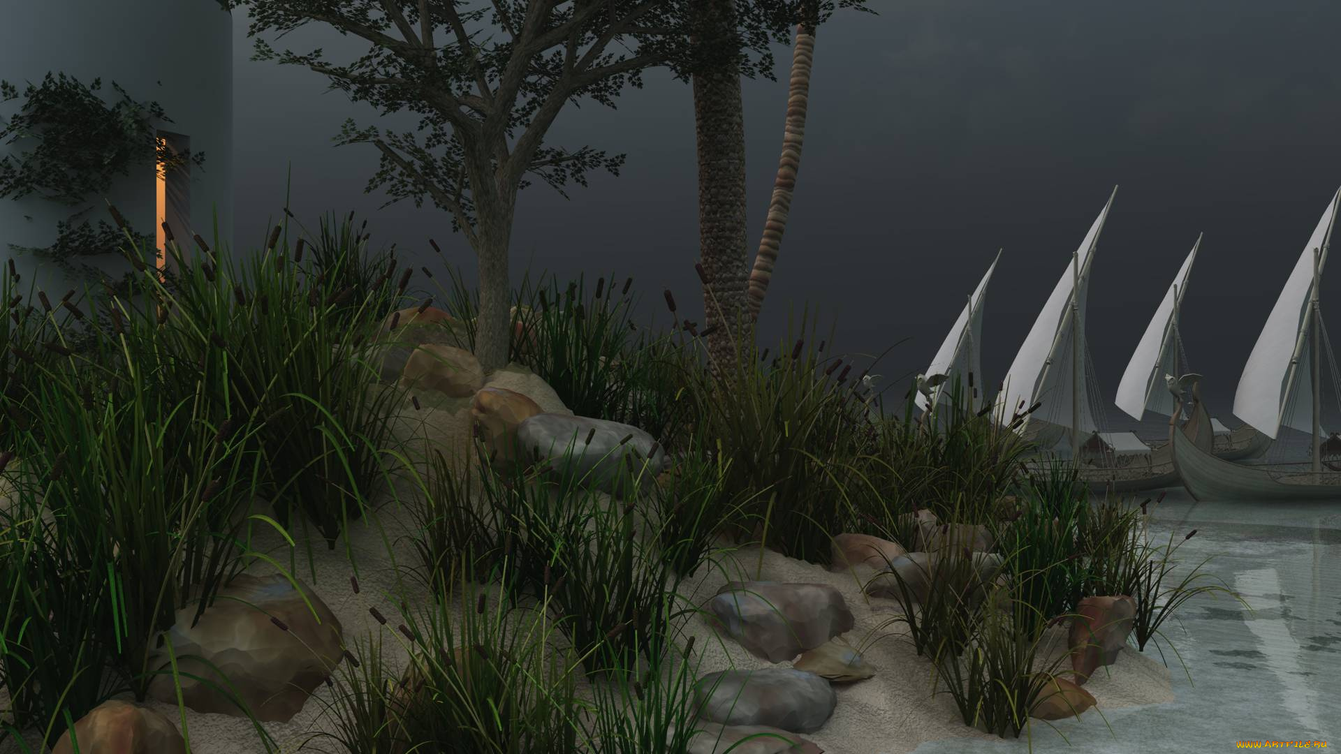 3д, графика, nature, landscape, , природа, камни, песок, трава, парусники