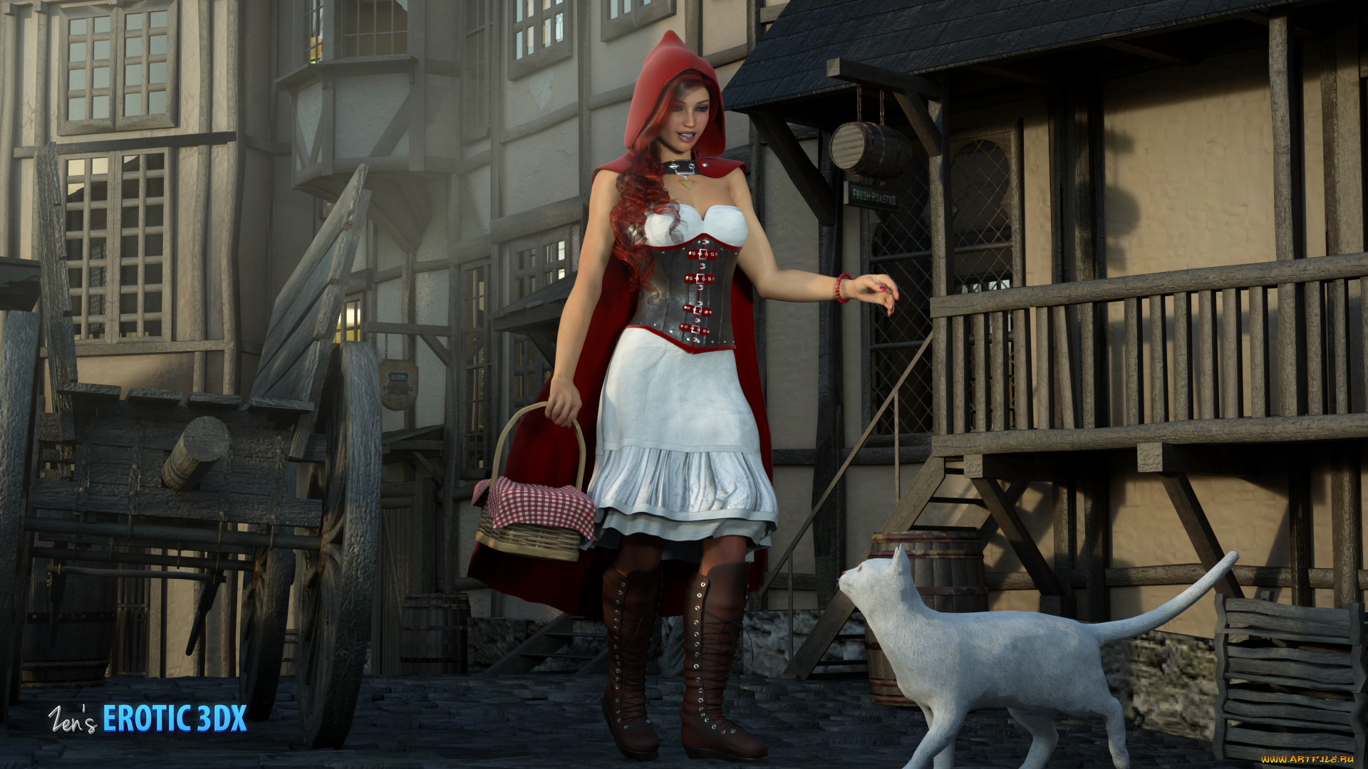 3д, графика, people, , люди, девушка, корзина, кот