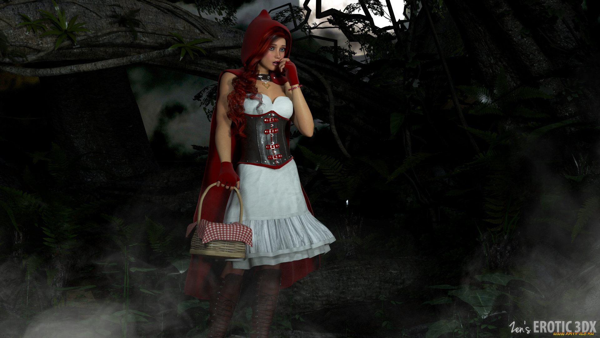 3д, графика, people, , люди, девушка, корзина, лес