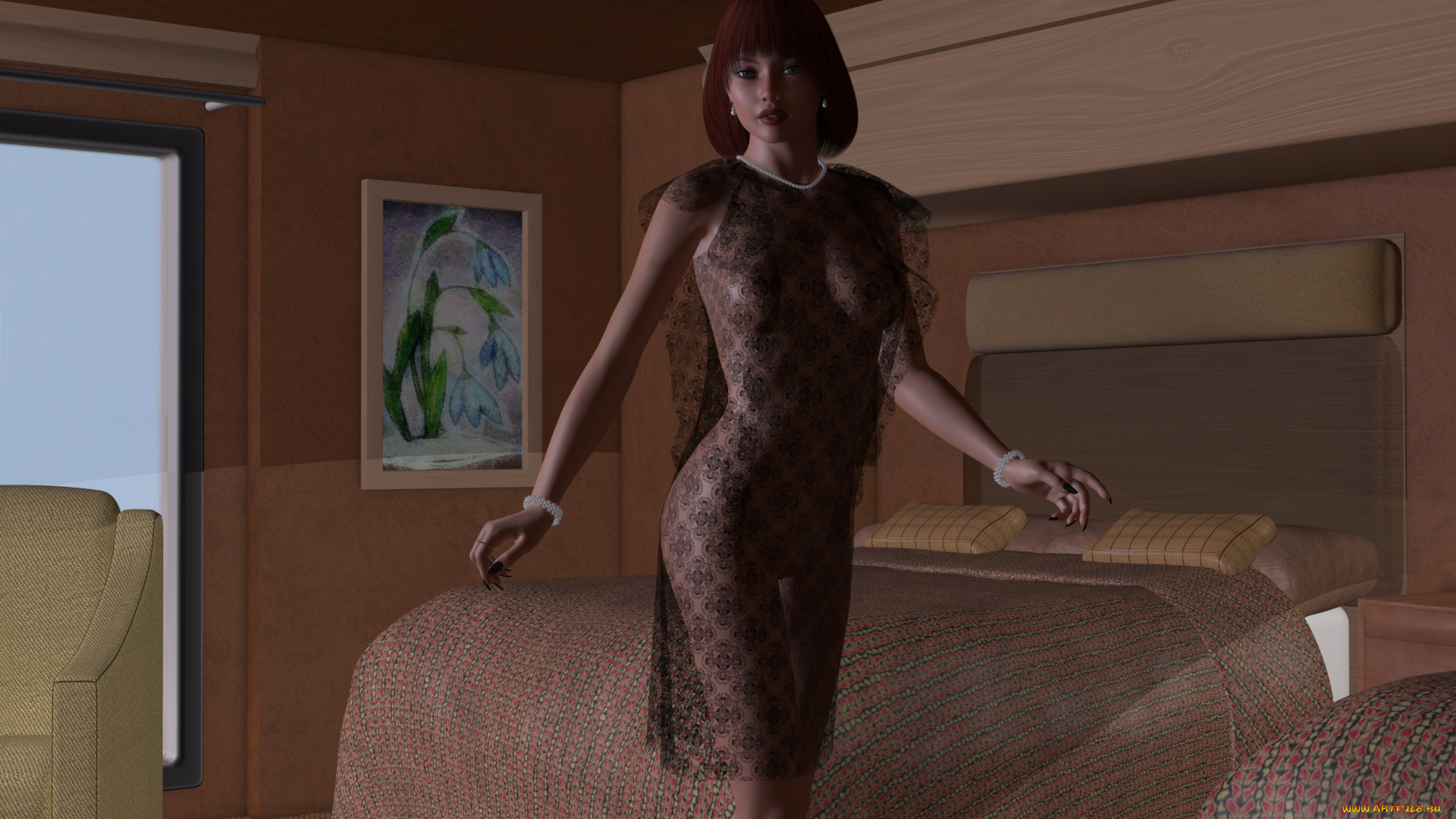 3д, графика, people, , люди, девушка, взгляд, платье, кровать, картина
