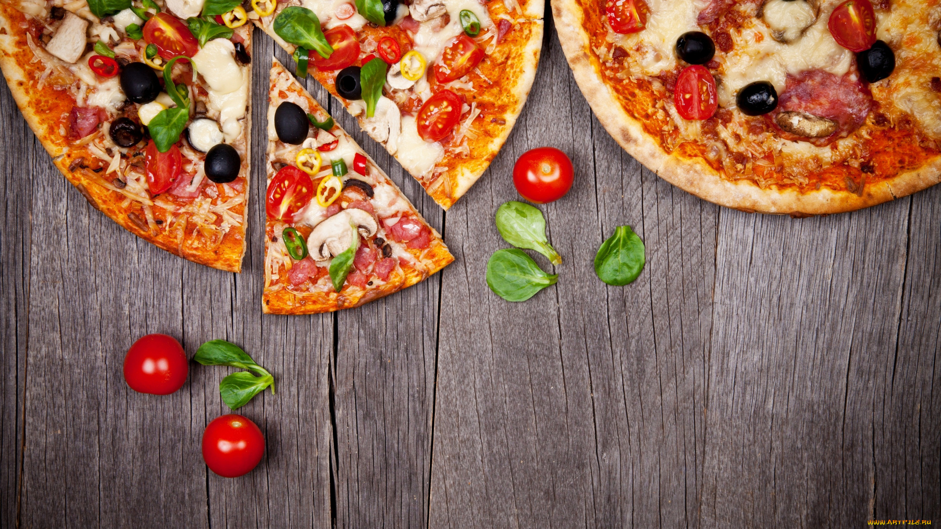 еда, пицца, зелень, оливки, начинка