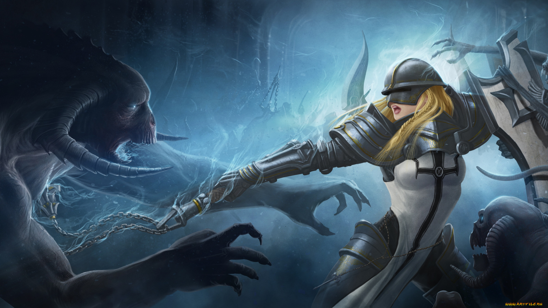 видео, игры, diablo, iii, , reaper, of, souls, арт, блондинка, доспехи, девушка, монстры, щит, шлем, воин, оружие, бой