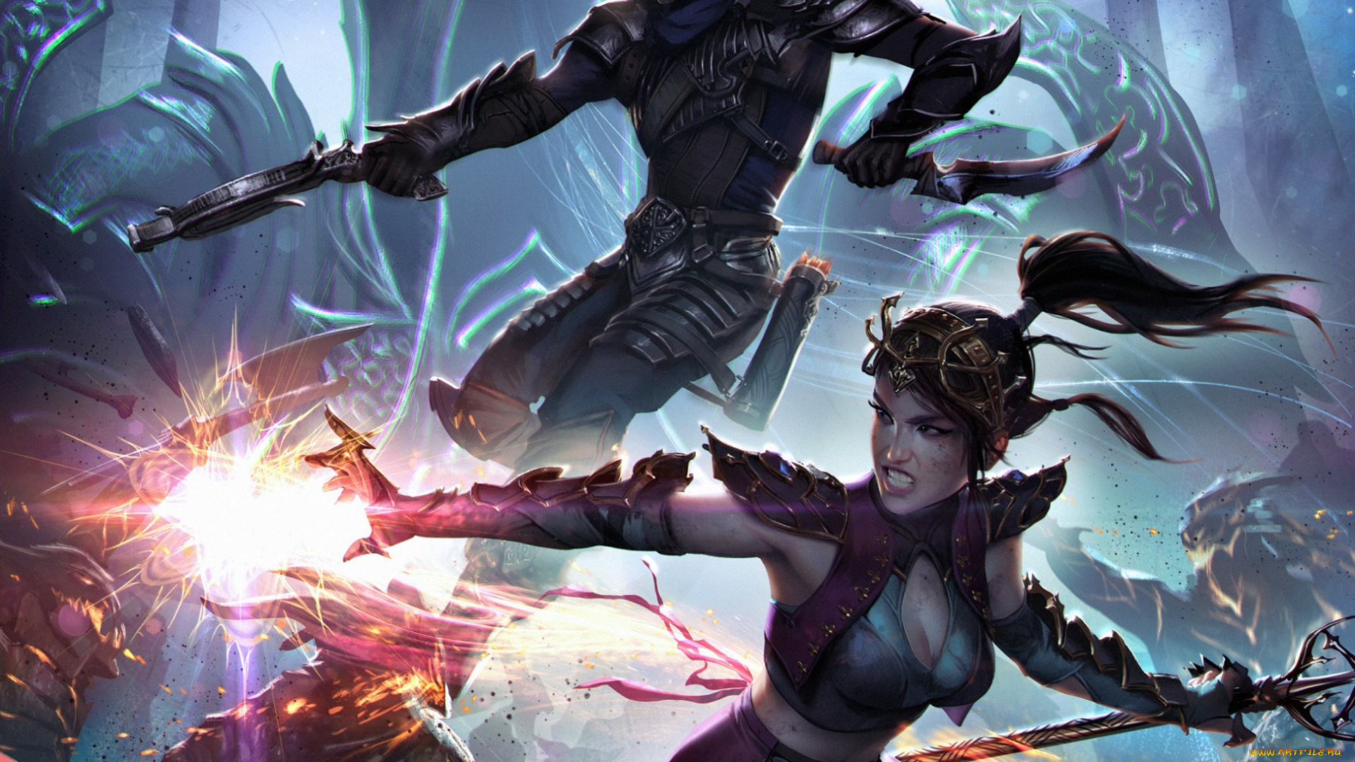 видео, игры, diablo, iii, , reaper, of, souls, сияние, девушка, дьявол, люди, бой, парень