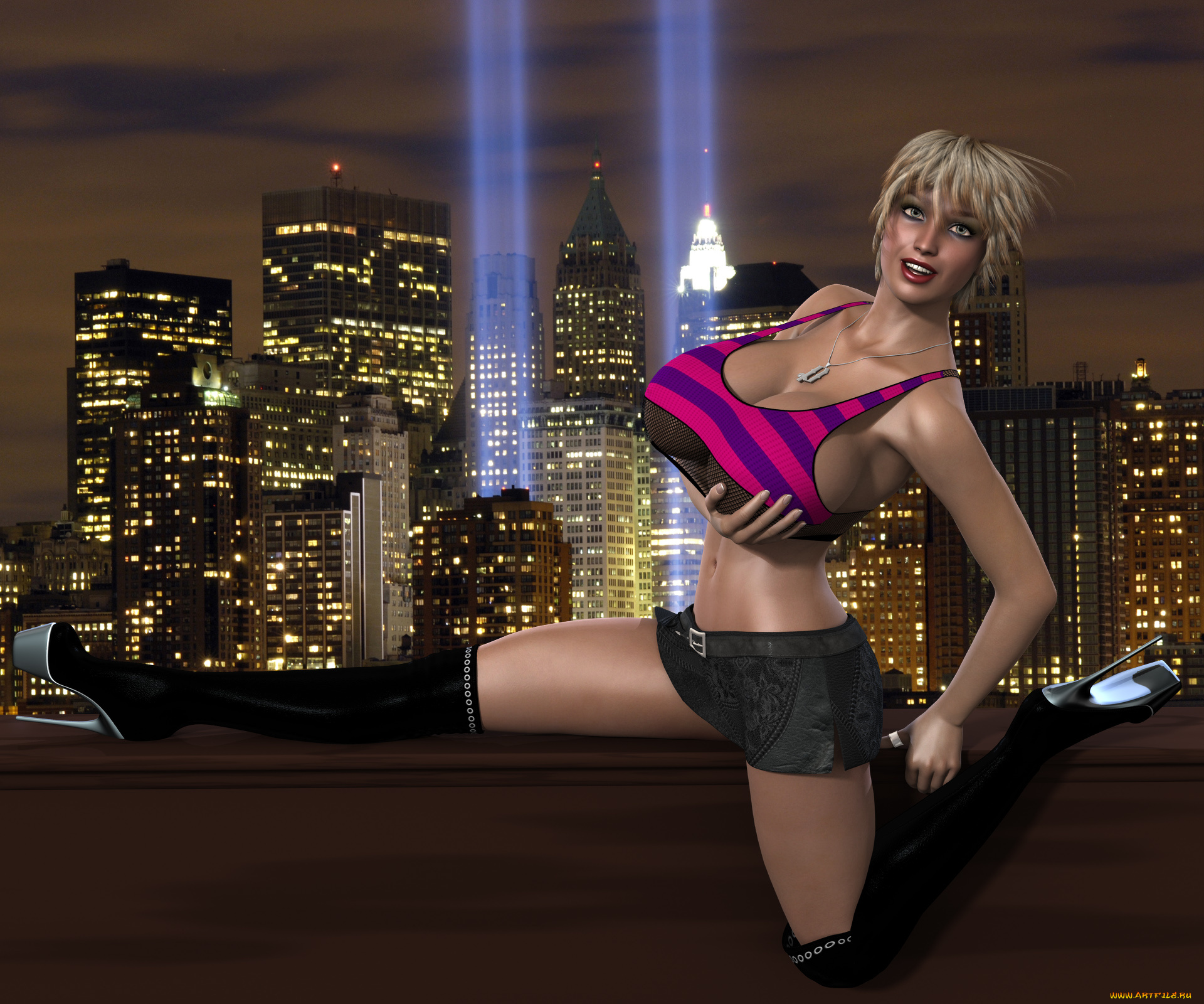 3д, графика, people, , люди, улыбка, сапожки, огни, вечер, дома, грудь, взгляд, девушка, город