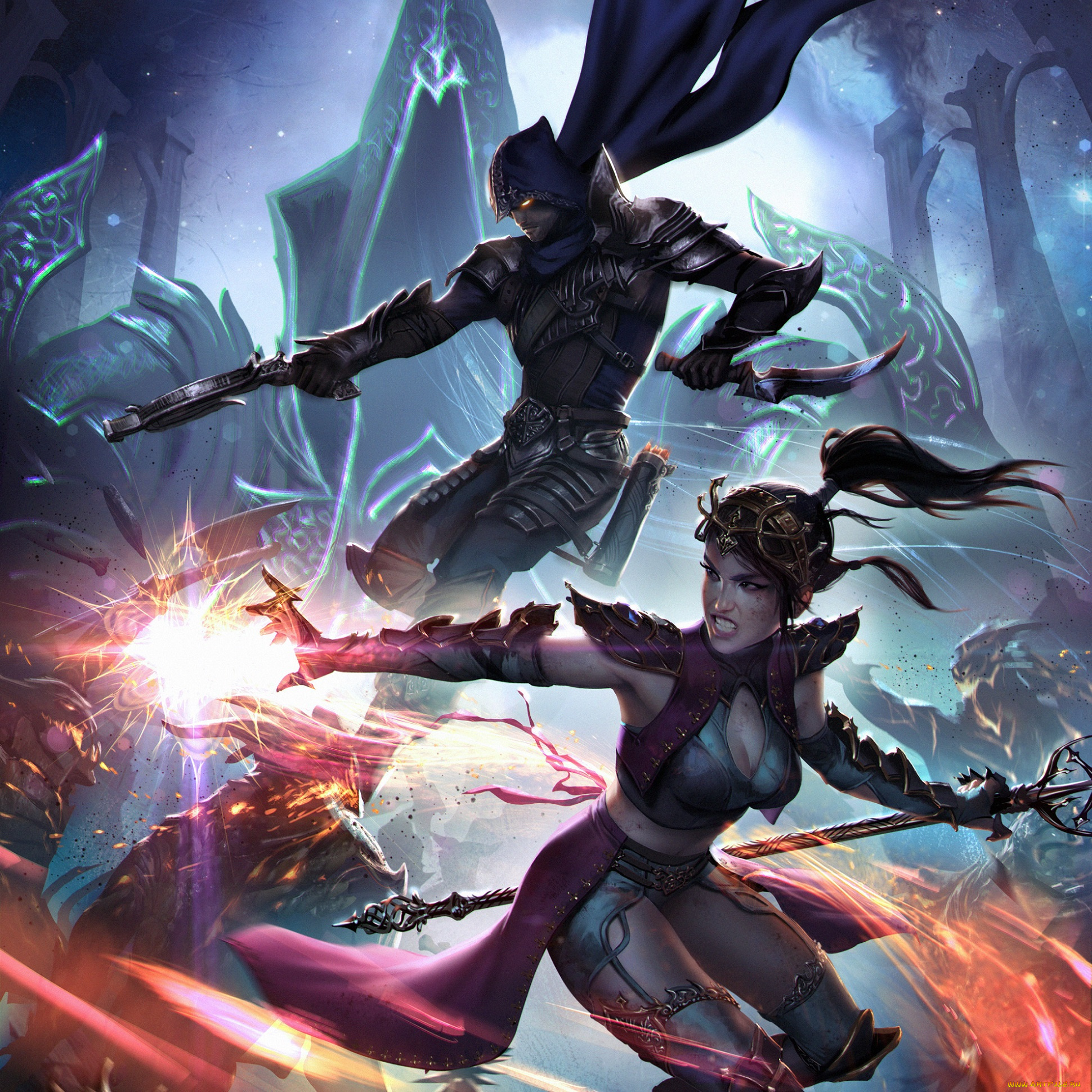 видео, игры, diablo, iii, , reaper, of, souls, сияние, девушка, дьявол, люди, бой, парень