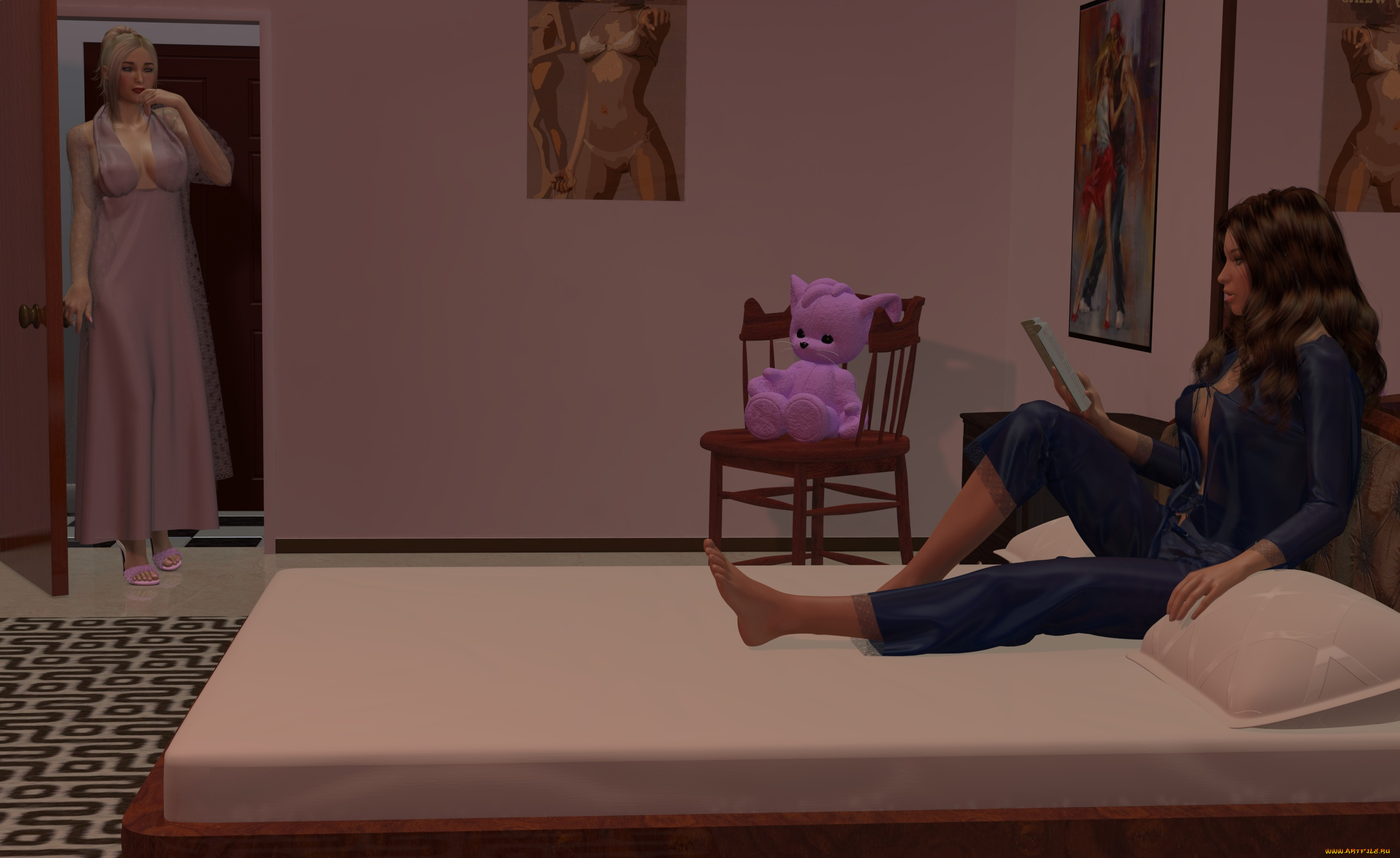 3д, графика, people, , люди, девушка, кровать