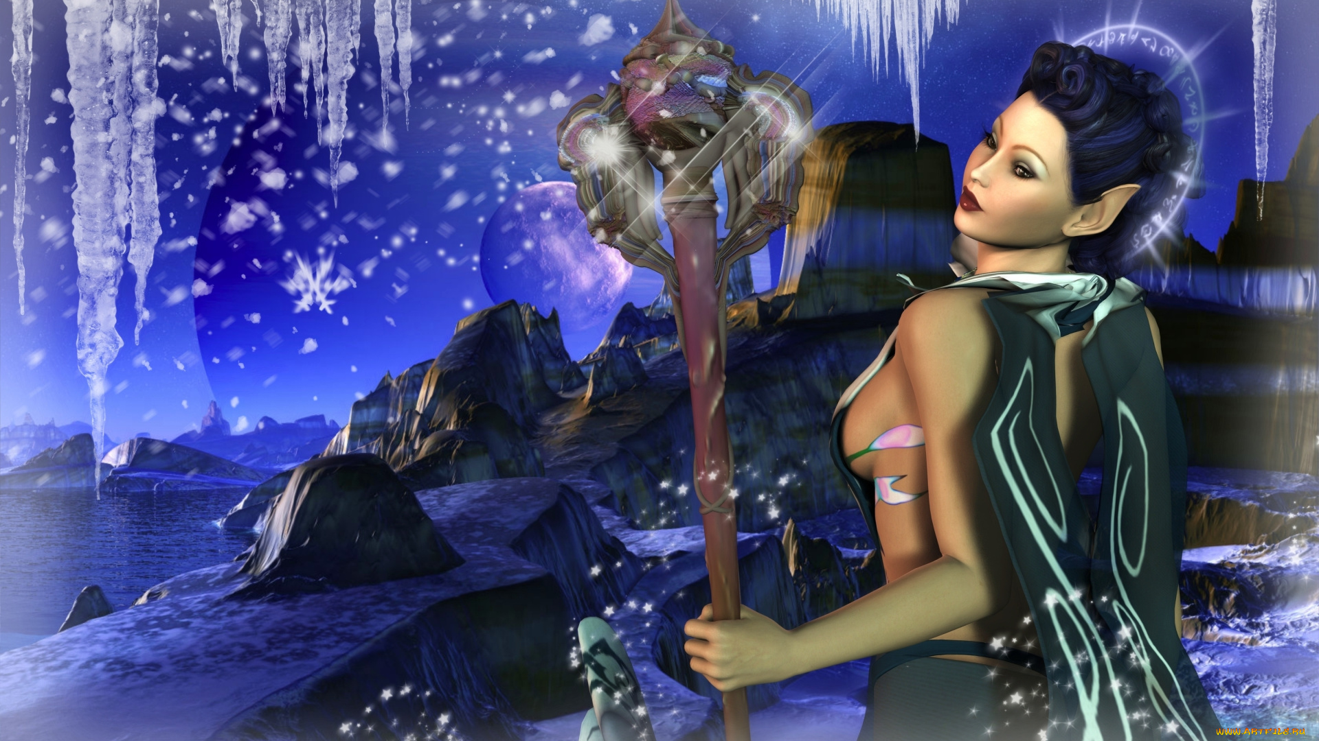 3д, графика, эльфы, , elves, снег, горы, планета, шест, фон, взгляд, эльфийка