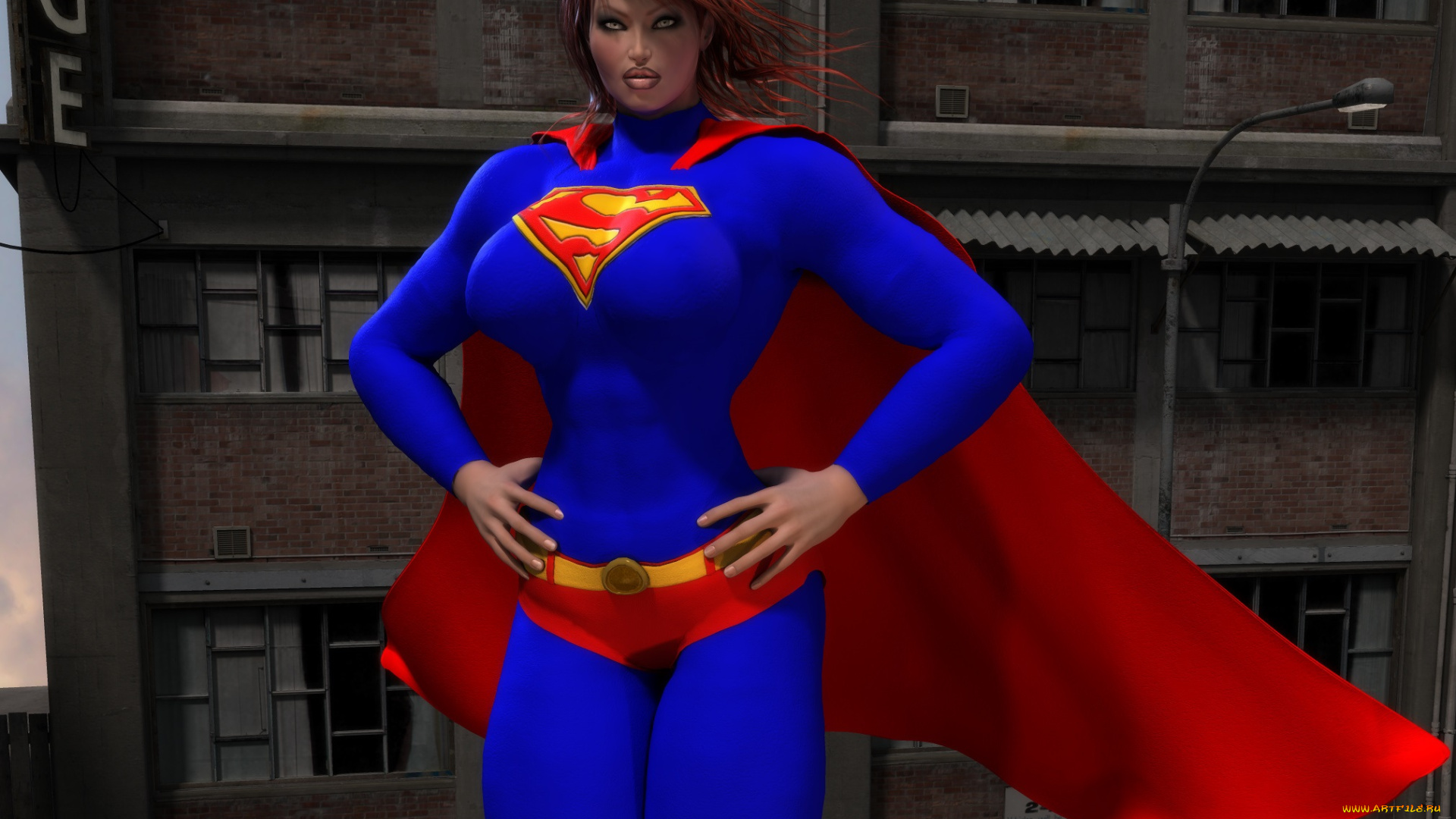 3д, графика, фантазия, , fantasy, девушка, супермен, рыжая, фон, взгляд