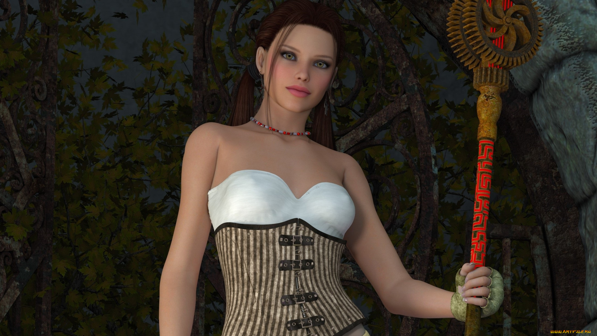 3д, графика, фантазия, , fantasy, фон, шест, взгляд, девушка