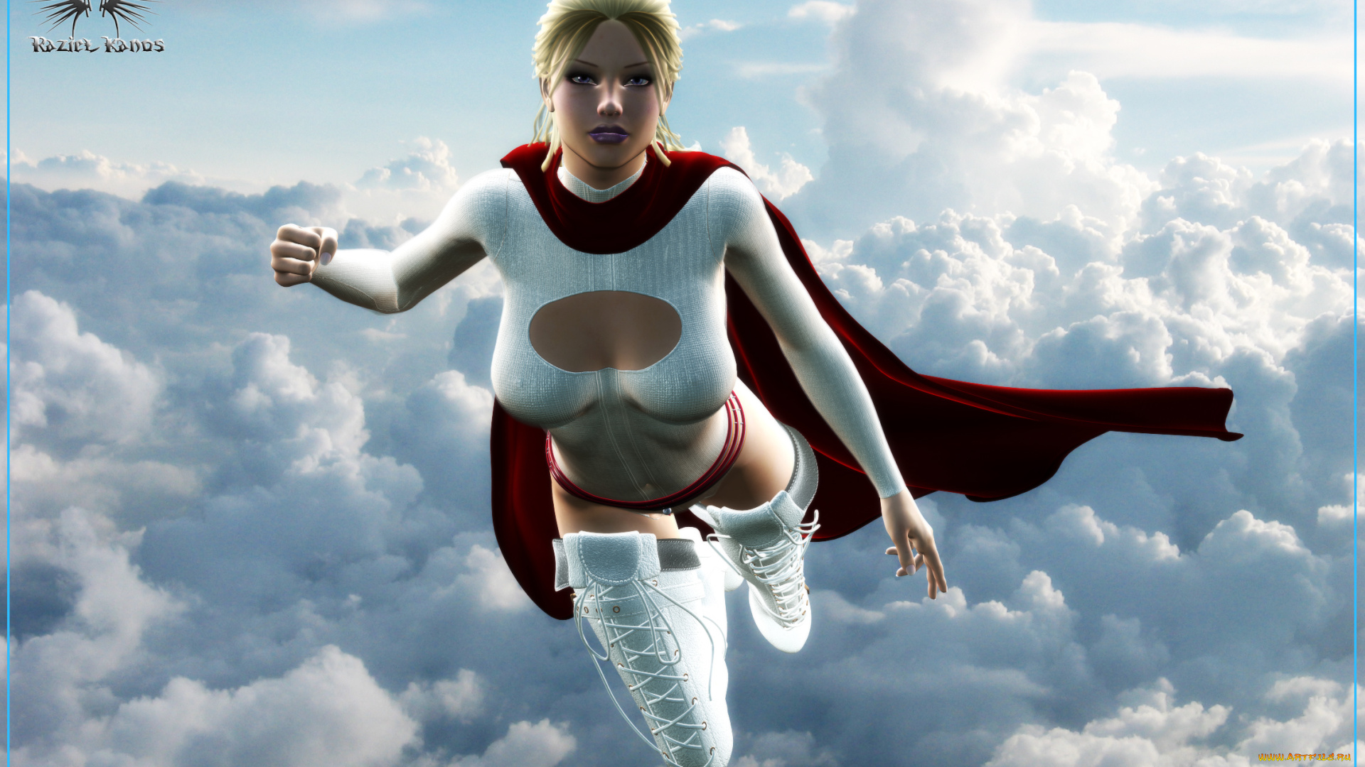 3д, графика, фантазия, , fantasy, облака, супермен, полет, плащ, фон, взгляд, девушка