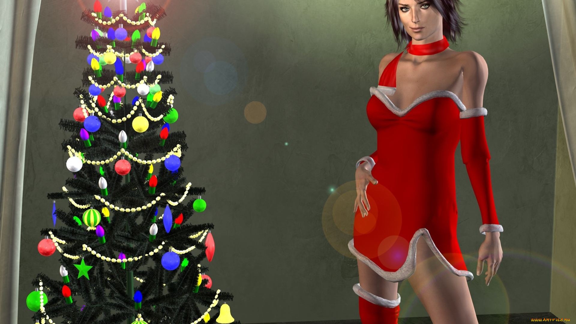 3д, графика, праздники, , holidays, елка, фон, взгляд, девушка