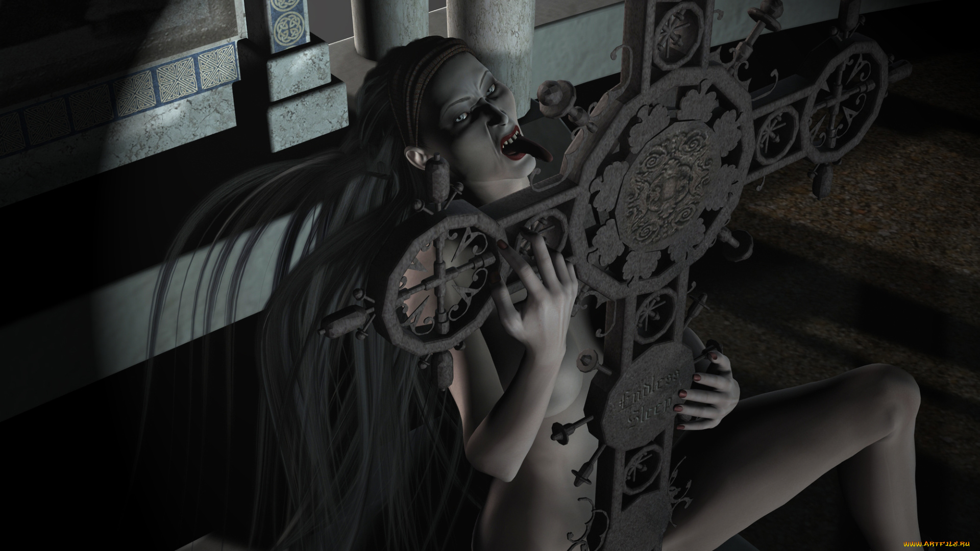 3д, графика, ужас, , horror, крест, вампир, фон, взгляд, девушка