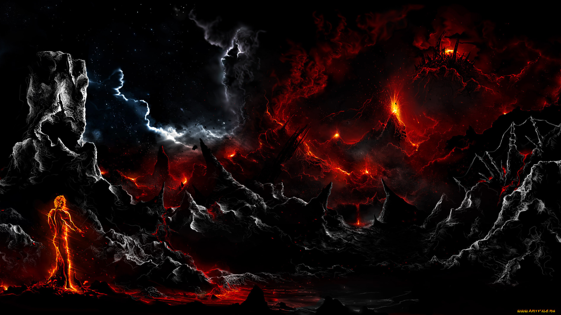 alberto, vangelista, фэнтези, иные, миры, , иные, времена, тучи, скалы, человек, лава, огонь, alberto, vangelista, темно, арт