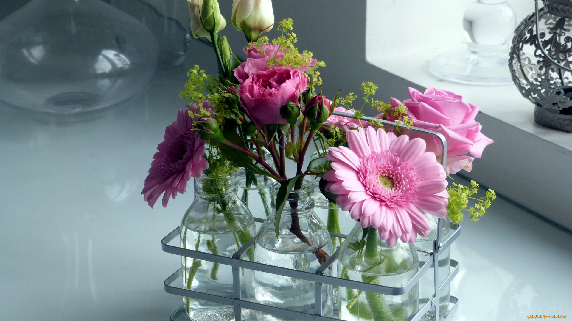 цветы, разные, вместе, розы, герберы