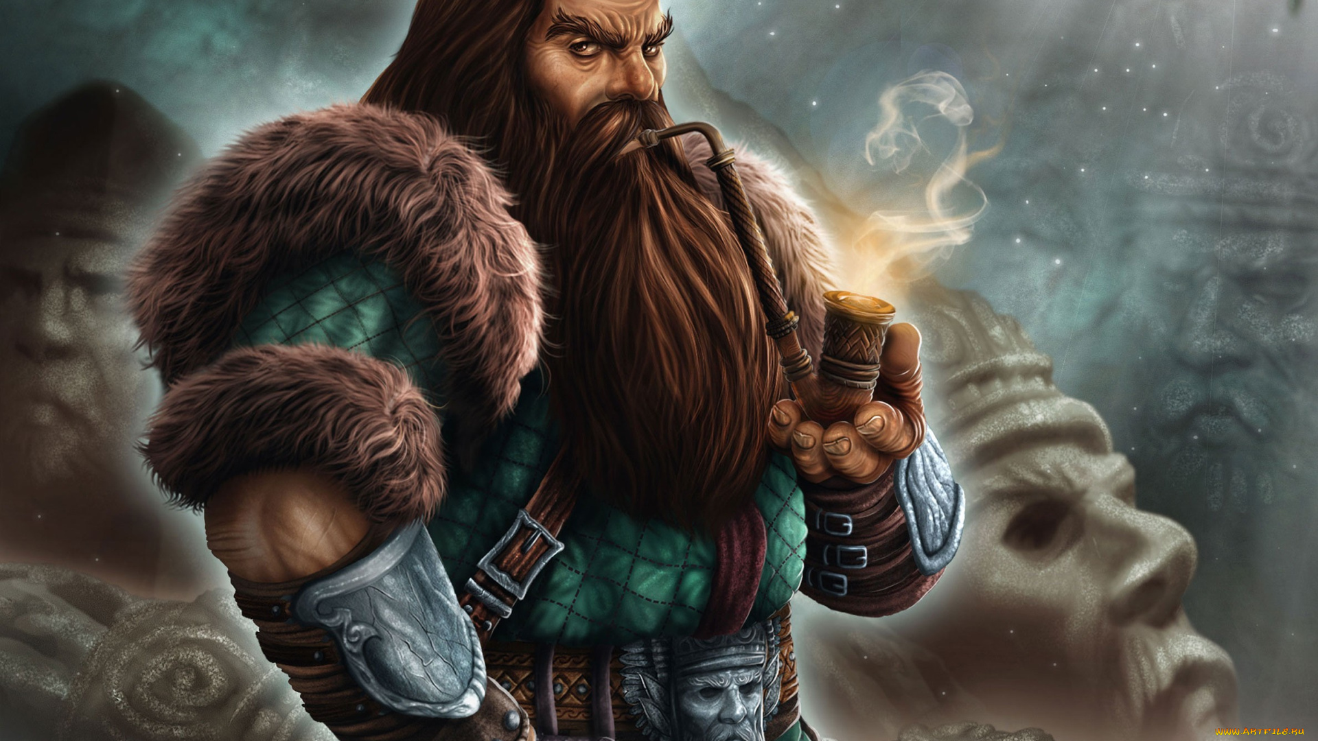 фэнтези, люди, курение, трубка, гном, доспехи