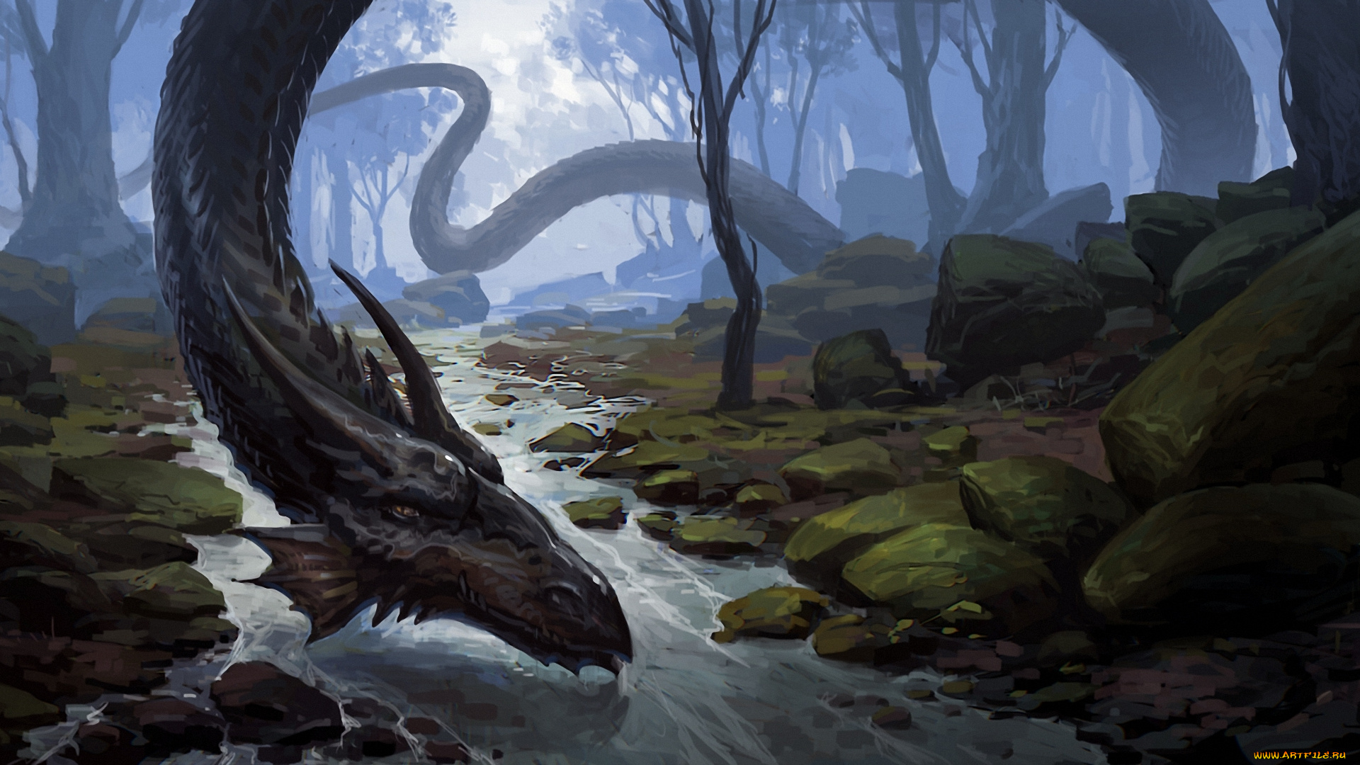 фэнтези, существа, гигантский, змей, лес, река, камни