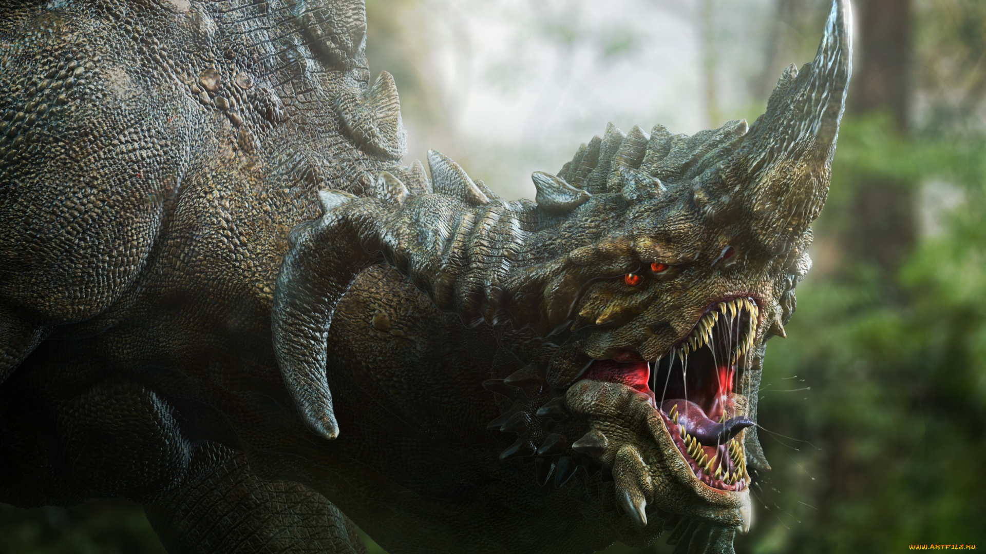 фэнтези, существа, глаза, клыки, зубы, голова, дракон, рога, фантастика, darok