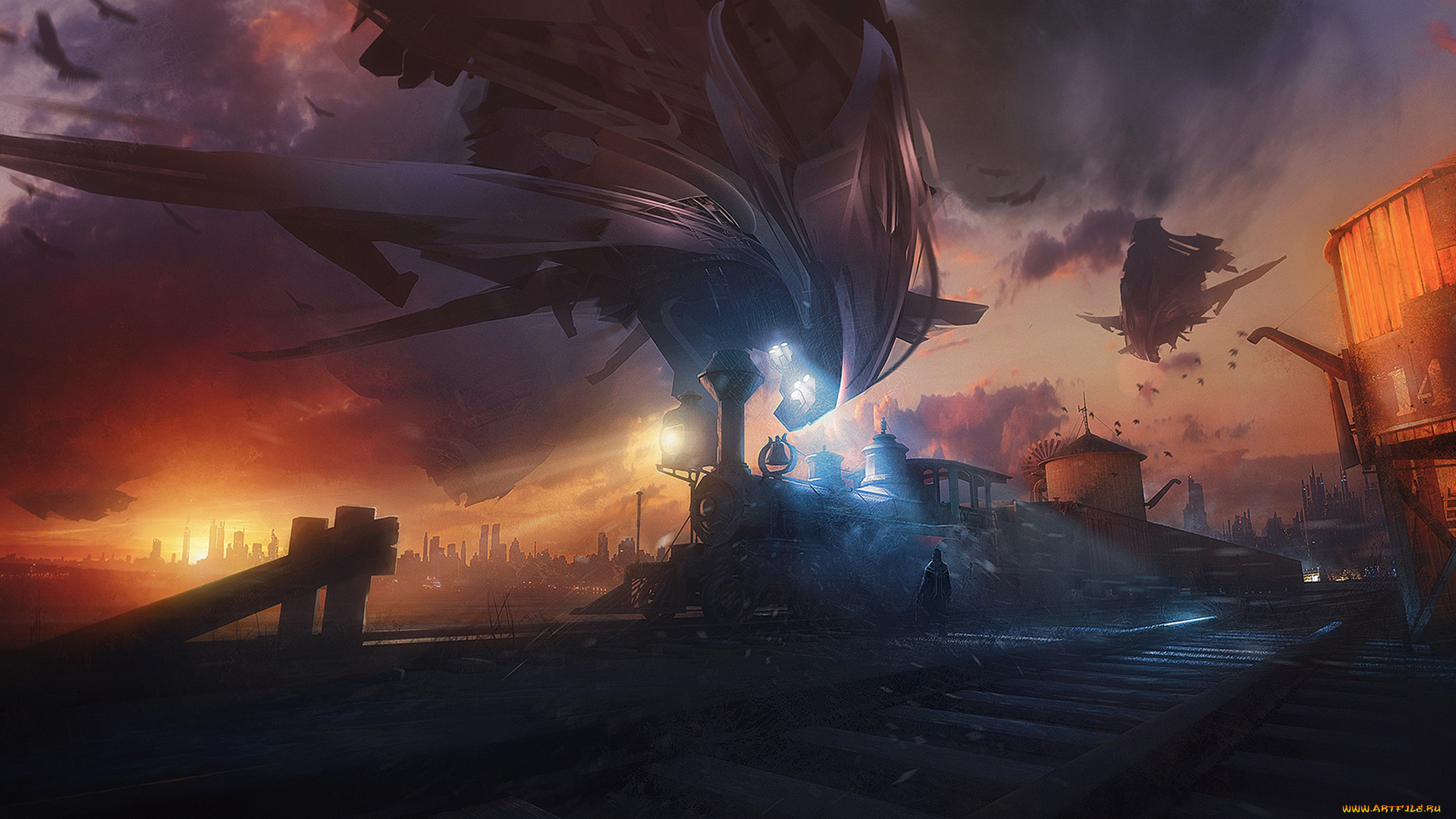 фэнтези, транспортные, средства, иной, мир, нло, паровоз, поезд, свет