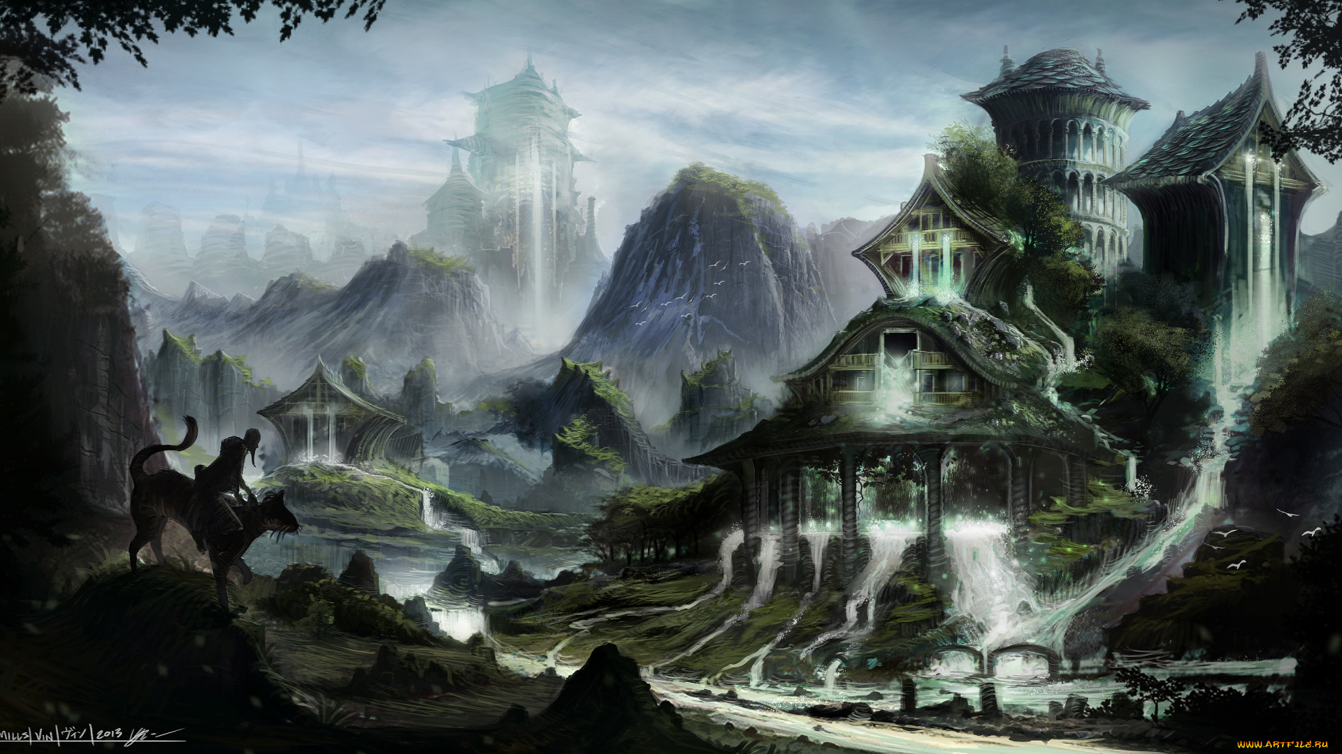 фэнтези, замки, арт, горы, дома, заросли, водопады, фигура, кошка, всадник, старик