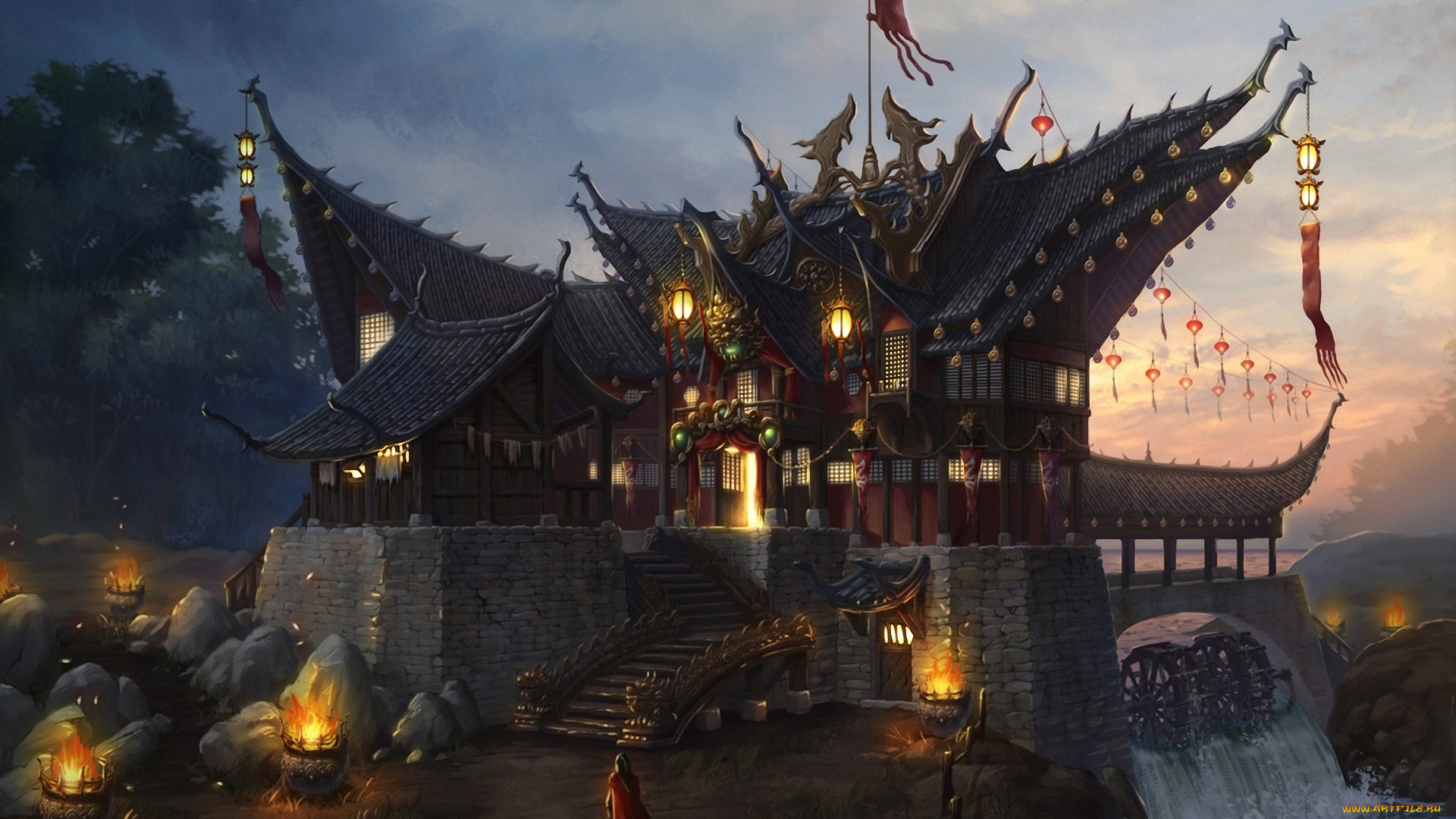 фэнтези, замки, замок, путник, иной, мир, мельница, река