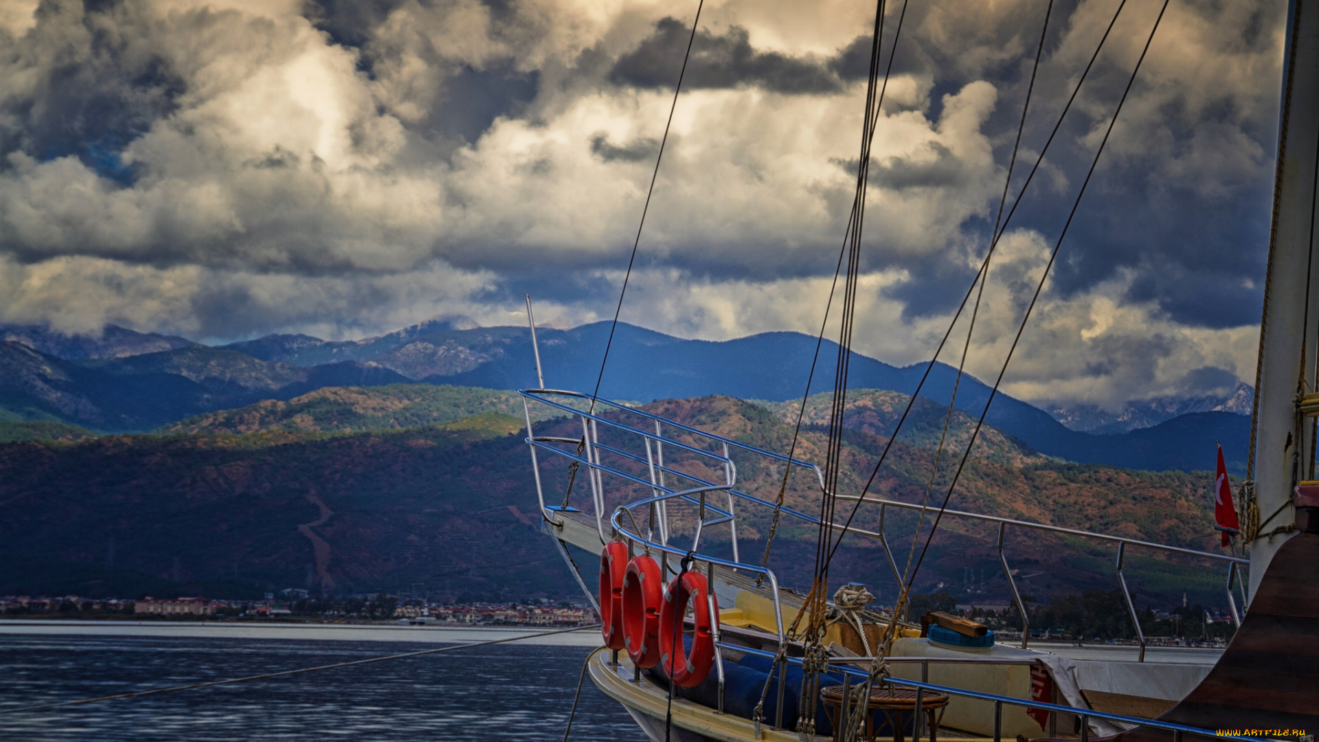 корабли, парусники, пейзаж, небо, горы, облака, парусник, море
